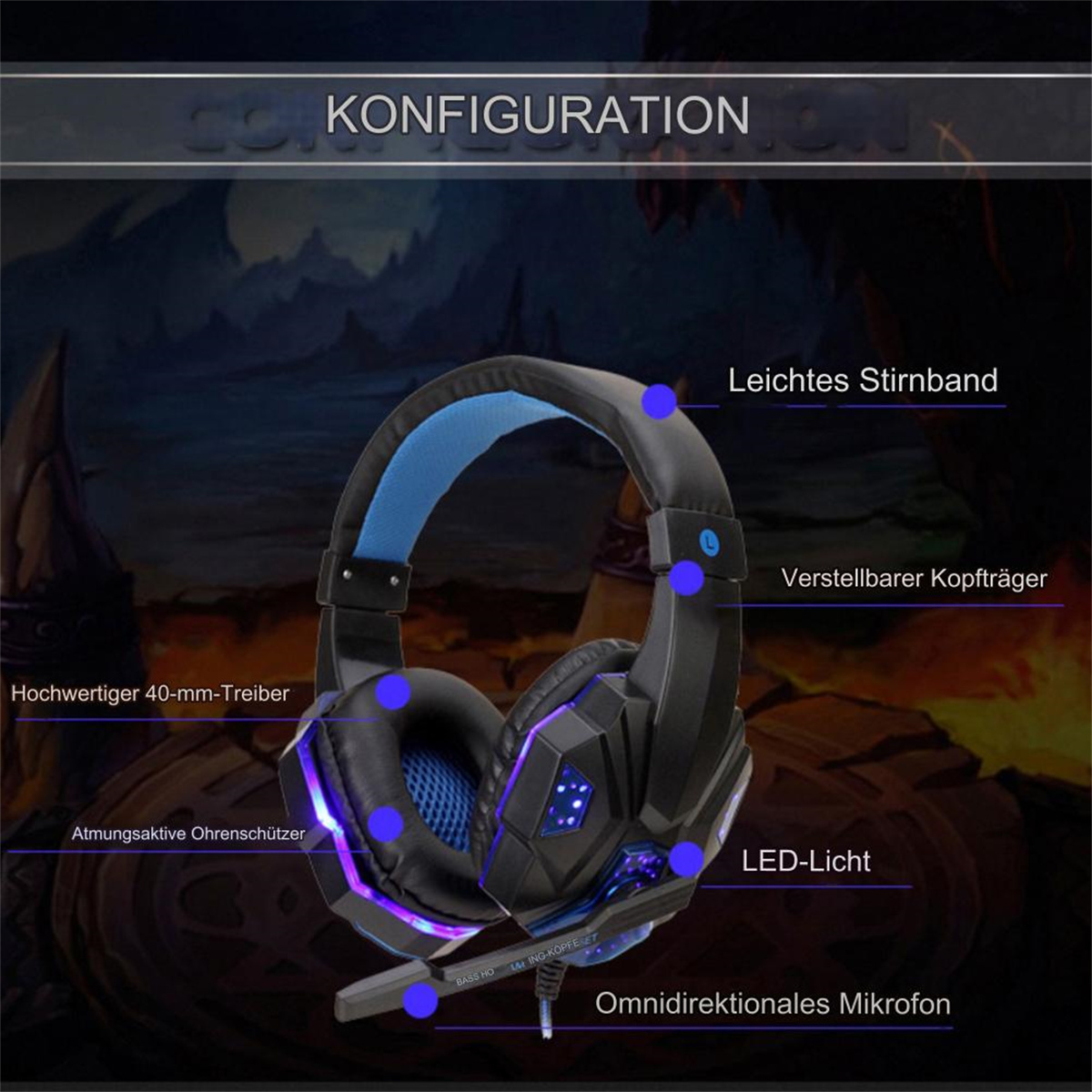 Ein Gaming-Headset mit beschrifteten Teilen und Funktionen. Funktionen umfassen LED-Lichter, Mikrofon und verstellbares Kopfband.
