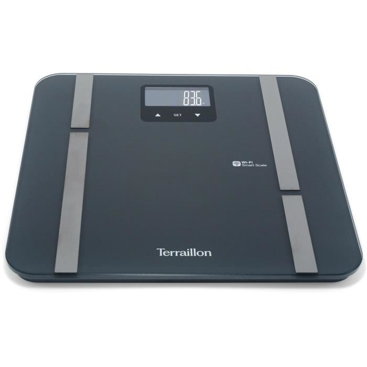 Czarna, kwadratowa waga cyfrowa z wyświetlaczem 83.6 i dwoma srebrnymi paskami.