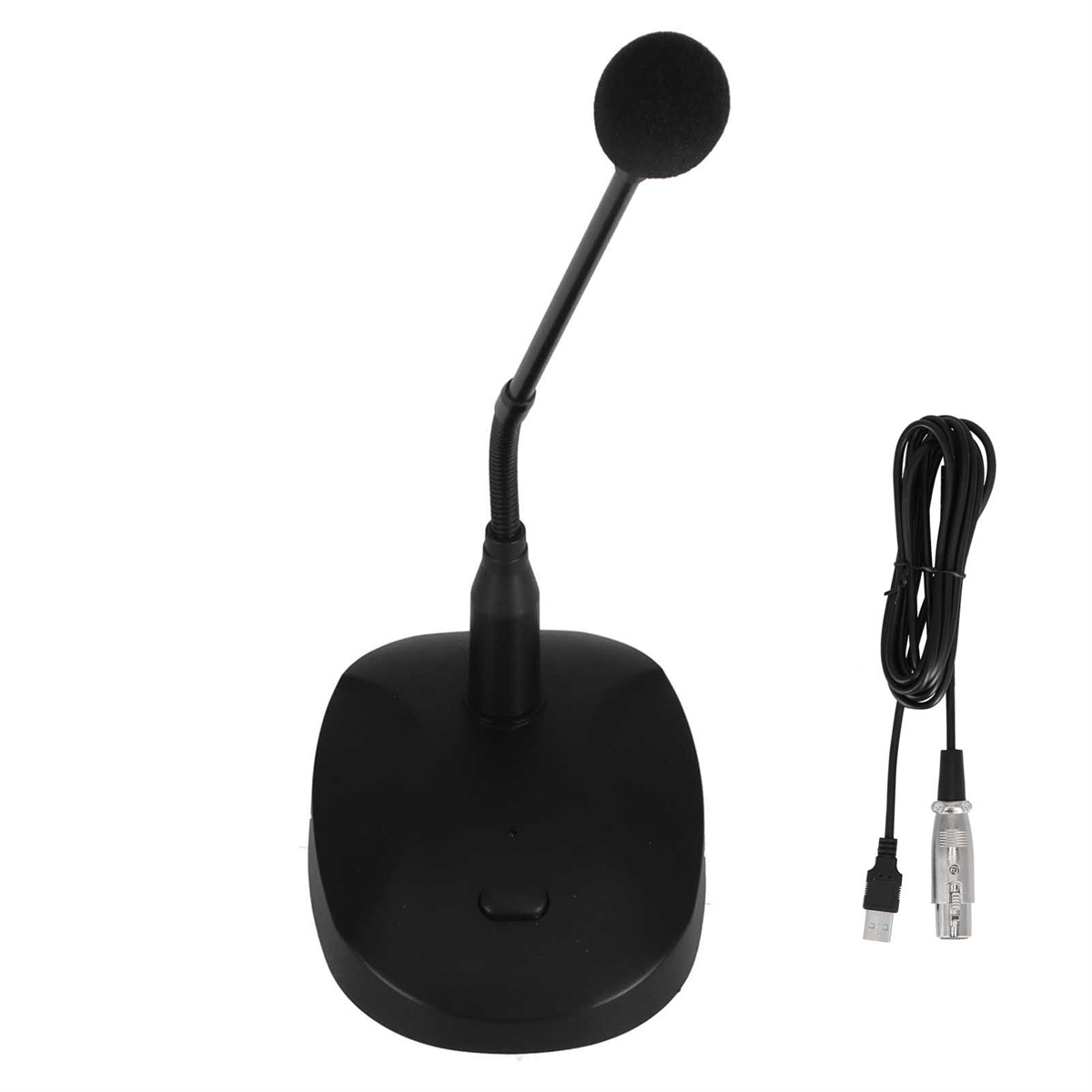 Das Bild zeigt ein schwarzes Mikrofon mit flexiblem Arm und Kabel.