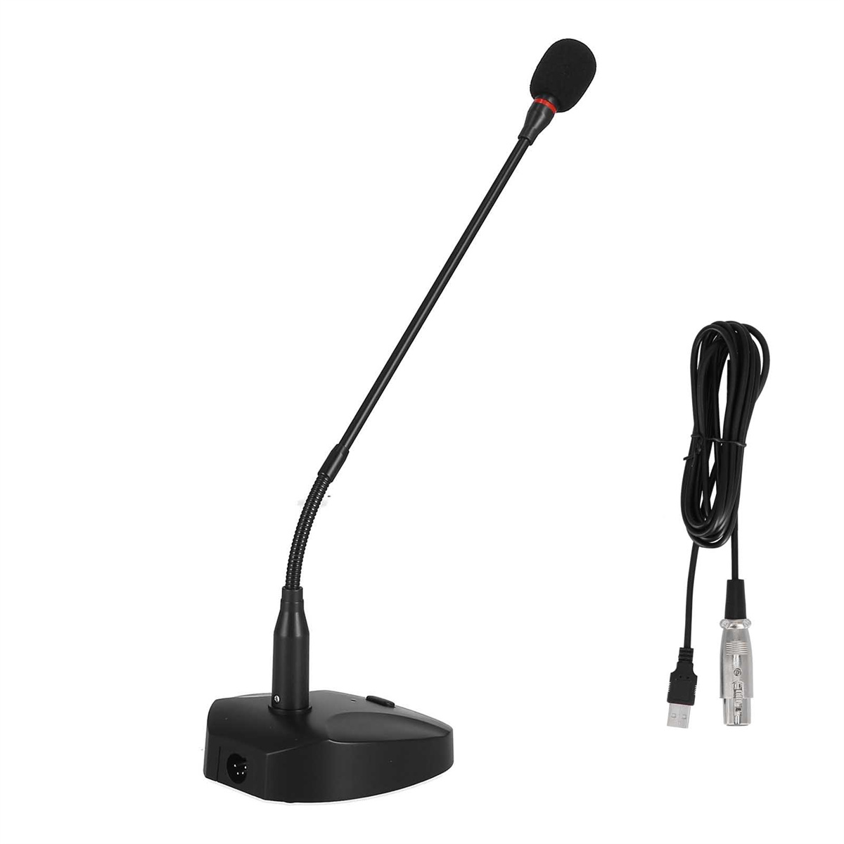 Schwarzes Mikrofon auf einem Ständer mit schwarzem Kabel und USB-Anschluss.