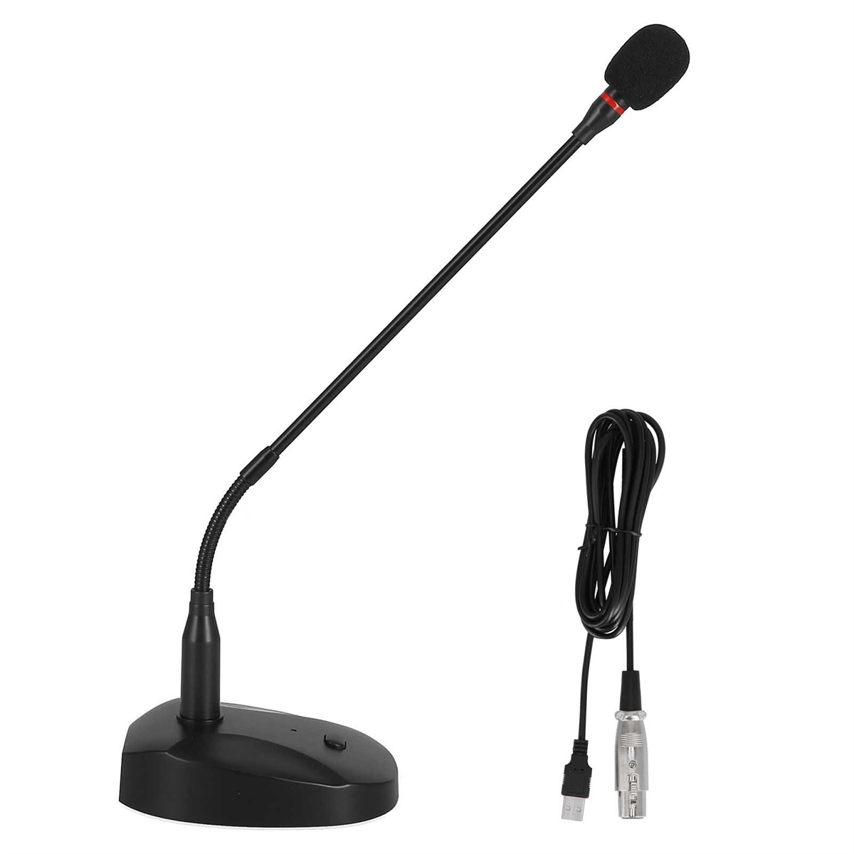 Ein schwarzes Mikrofon mit langem, flexiblem Hals, verbunden mit einem schwarzen Sockel und einem Kabel.