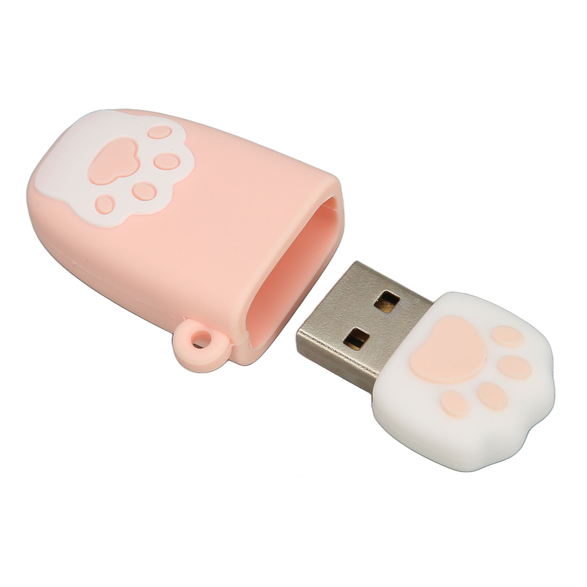 Rosa USB-Stick mit Pfotenabdruck-Design. Der Deckel ist geöffnet.