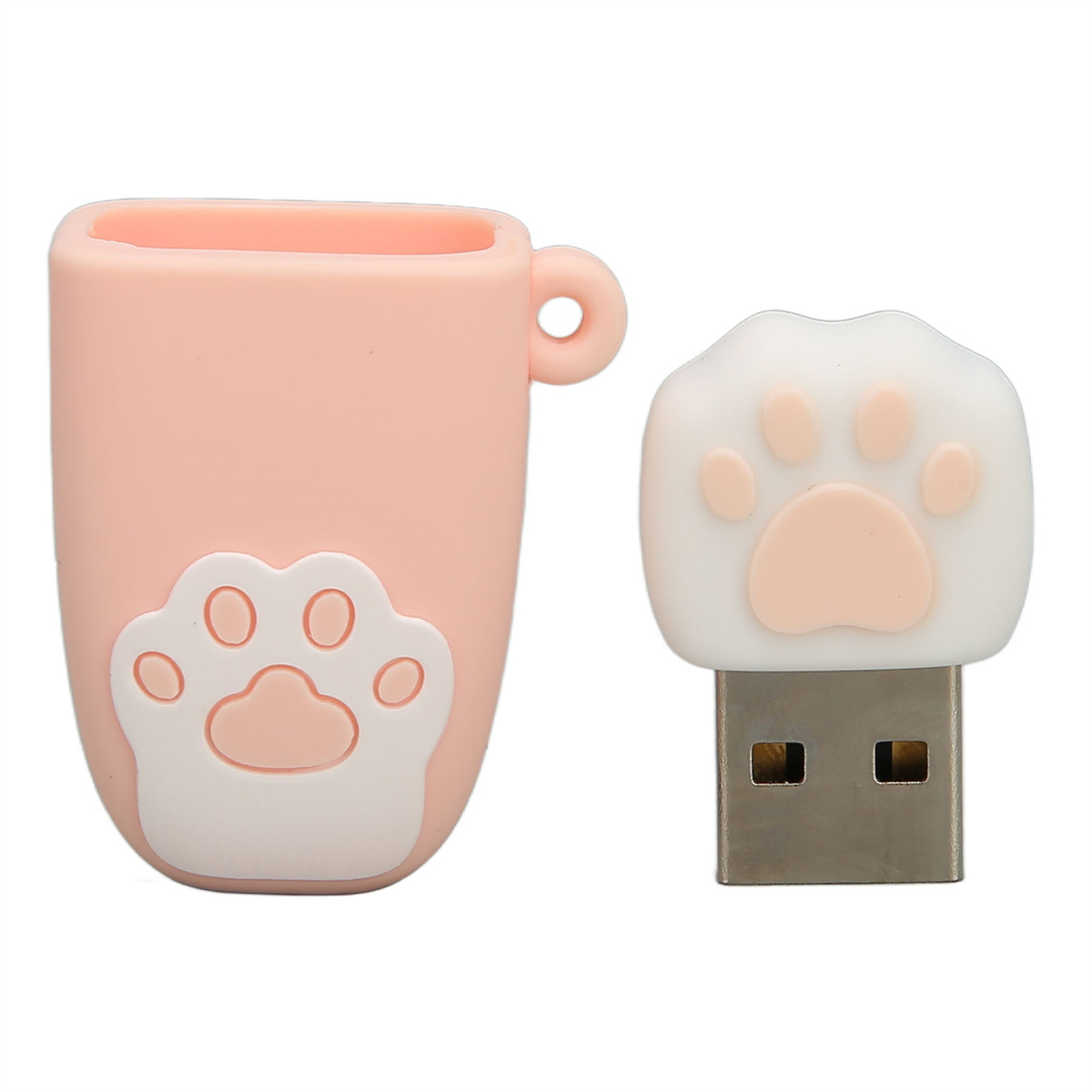 Ein rosa USB-Stick in Pfotenform und ein rosa Halter mit Ring.