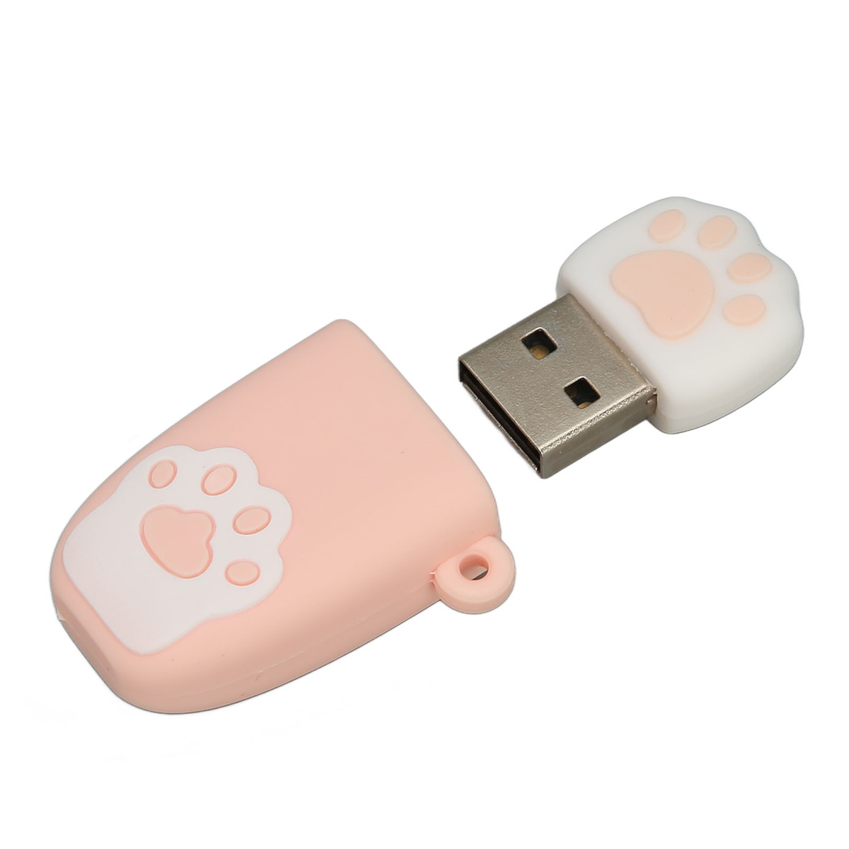 Rosa USB-Stick mit pfotenförmiger Oberseite und Kappe.