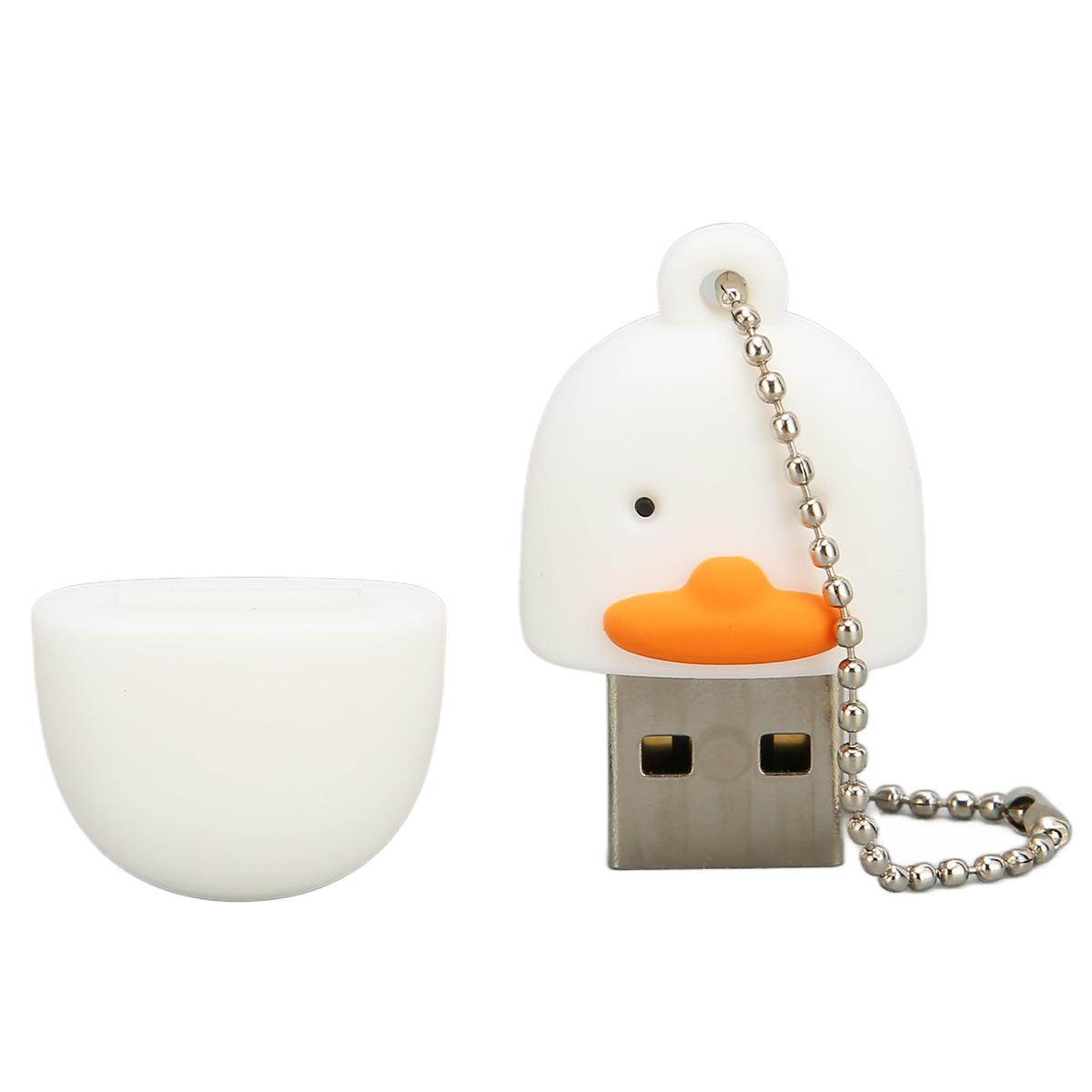 Weißer USB-Stick in Entenform mit orangem Schnabel und silberner Kette. Die Kappe ist abgenommen.