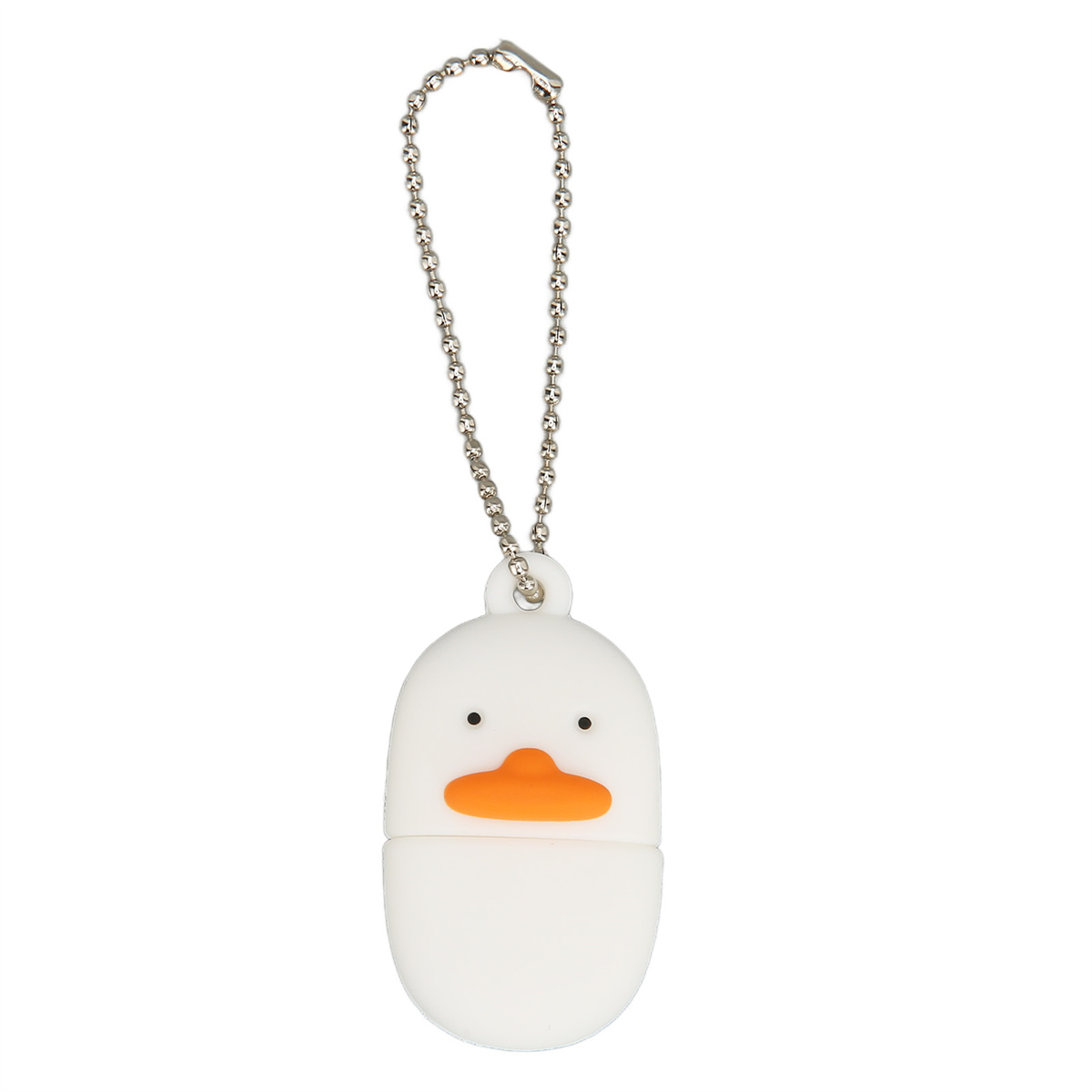 Weißer USB-Stick in Entenform mit orangefarbenem Schnabel und Kette. Weißer Hintergrund.