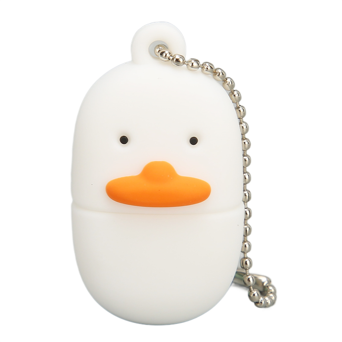 Weißer USB-Stick in Entenform mit orangefarbenem Schnabel und Kette.