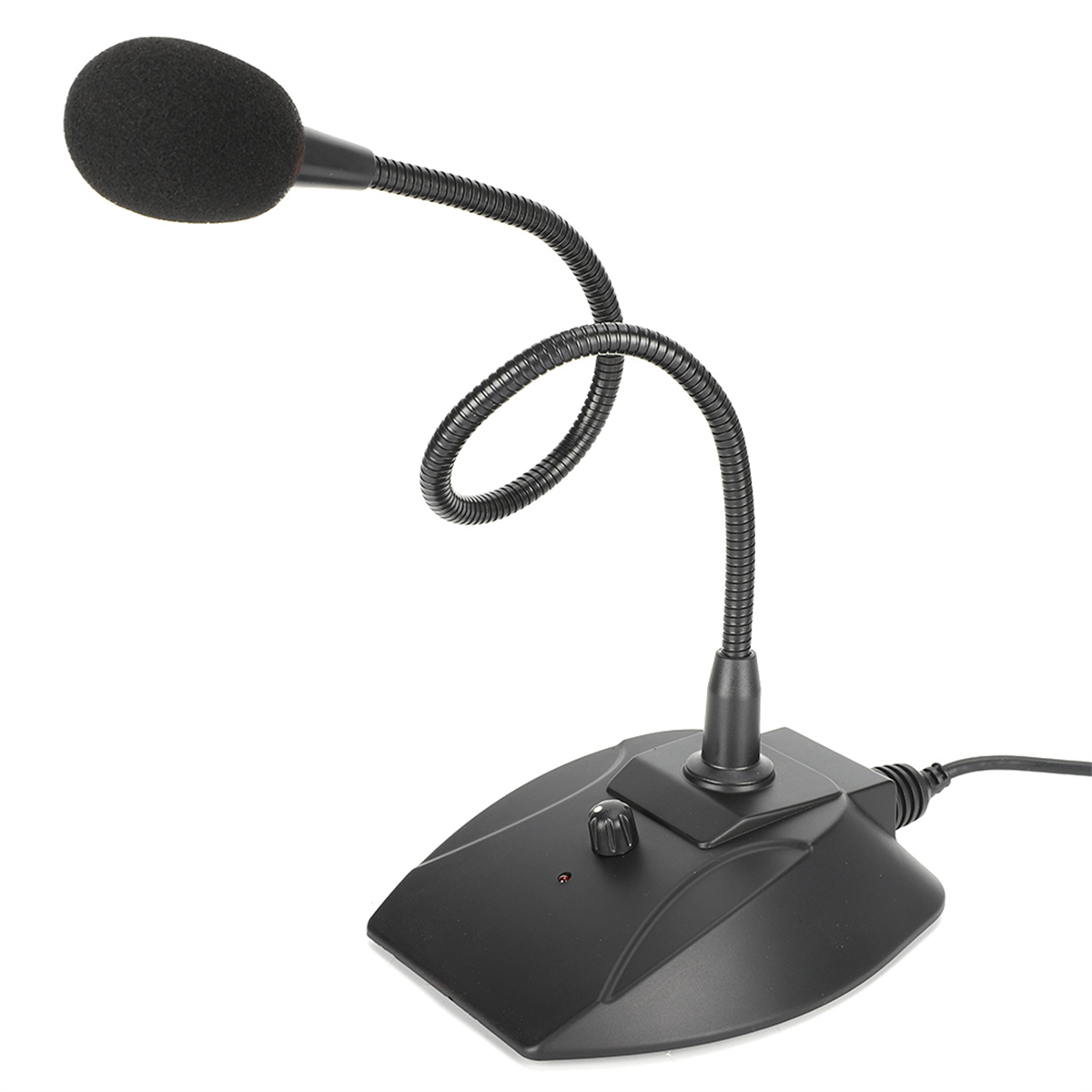 Schwarzes Schwanenhalsmikrofon auf schwarzem Sockel. Schwarzer Schaumstoff-Mikrokopf, schwarzes Kabel.