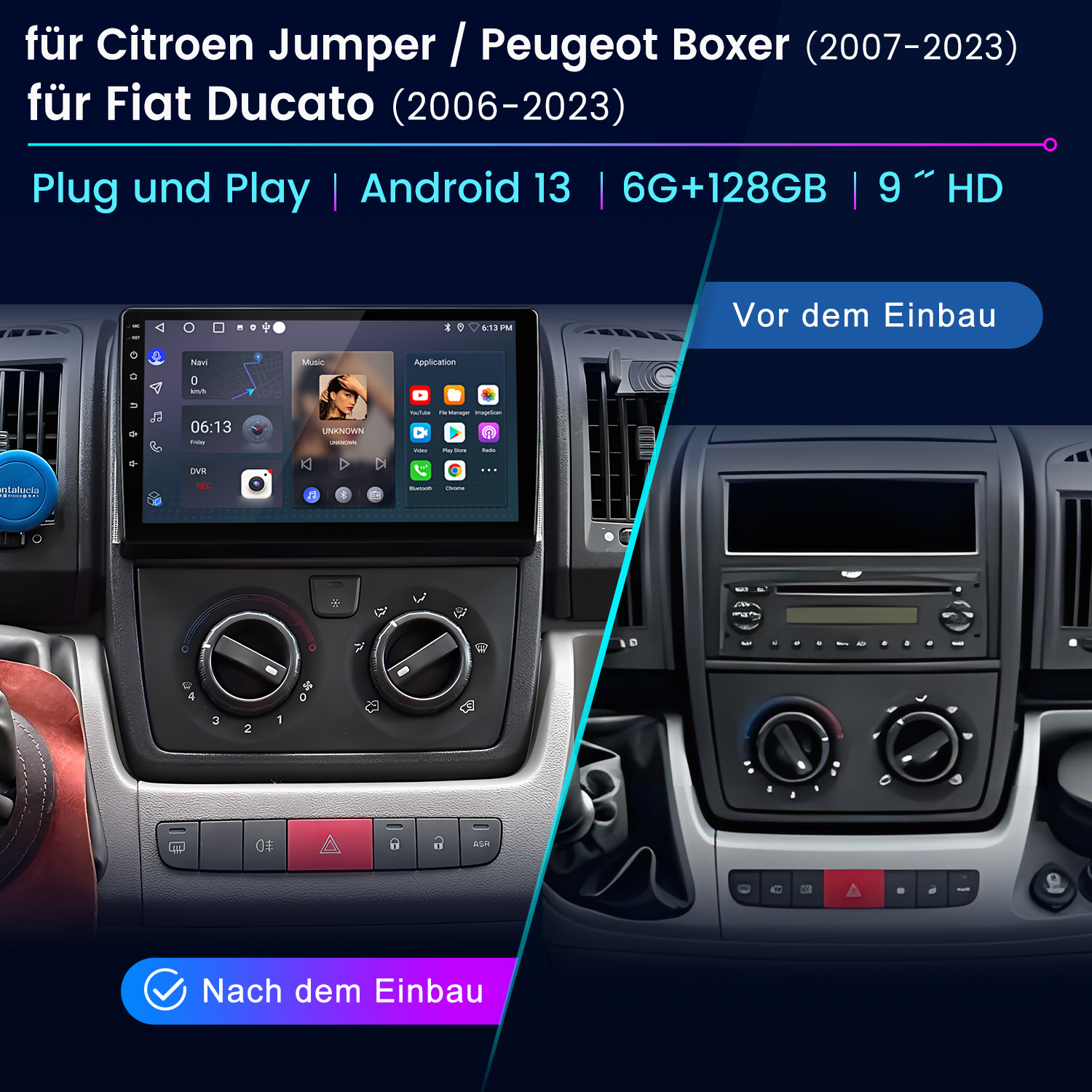 Panel samochodowy z zainstalowanym ekranem Android. Porównanie przed i po instalacji.
