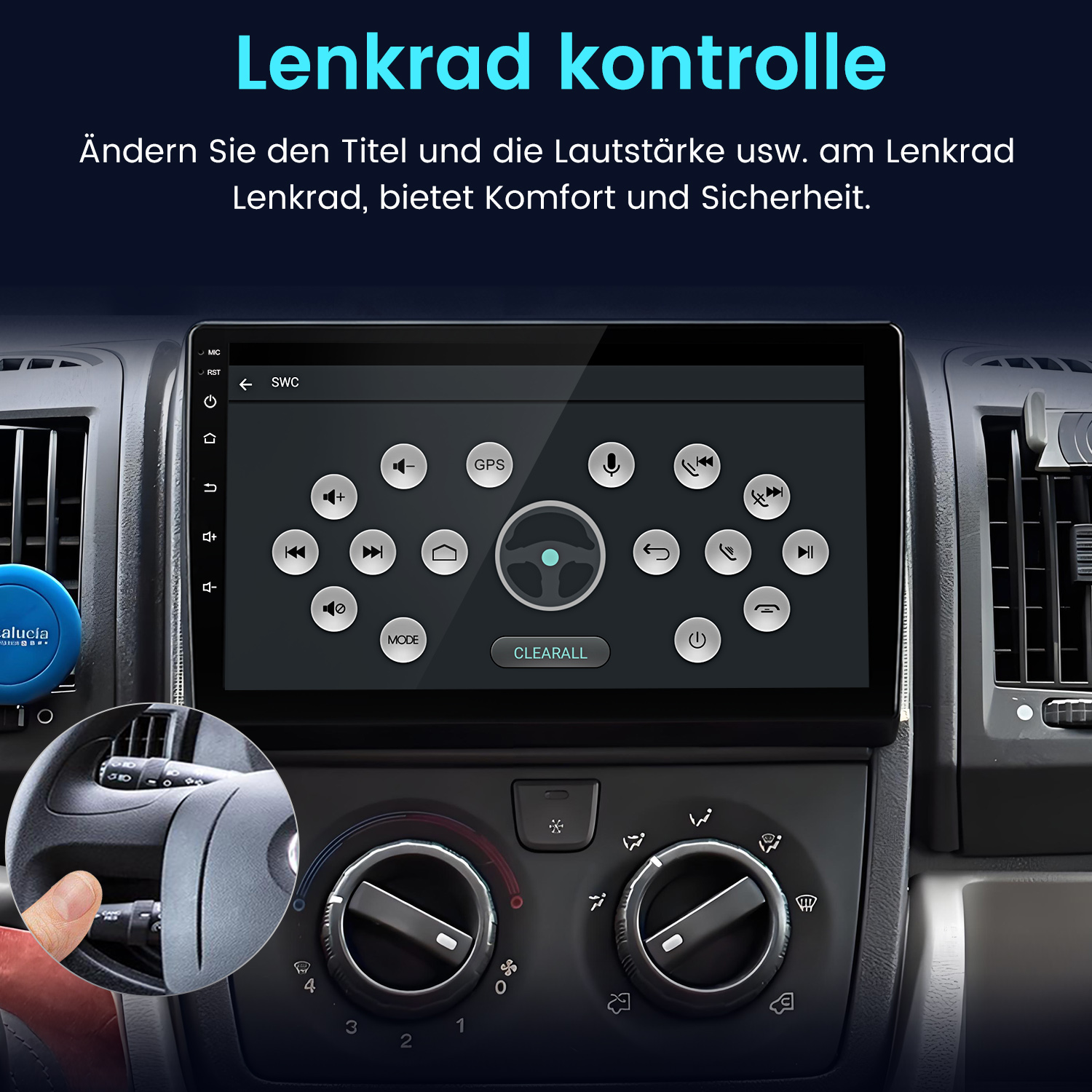 Auto-Dashboard-Bildschirm mit Navigationsbedienelementen. Unten befinden sich die Bedienelemente des Autos.