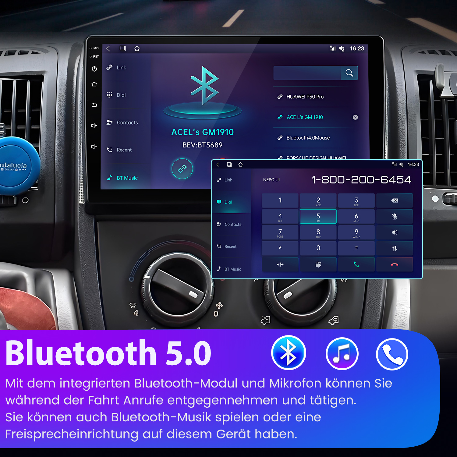 Radio samochodowe z wyświetlaczem telefonu i ekranem wybierania numeru. Poniżej tekst 'Bluetooth 5.0'.