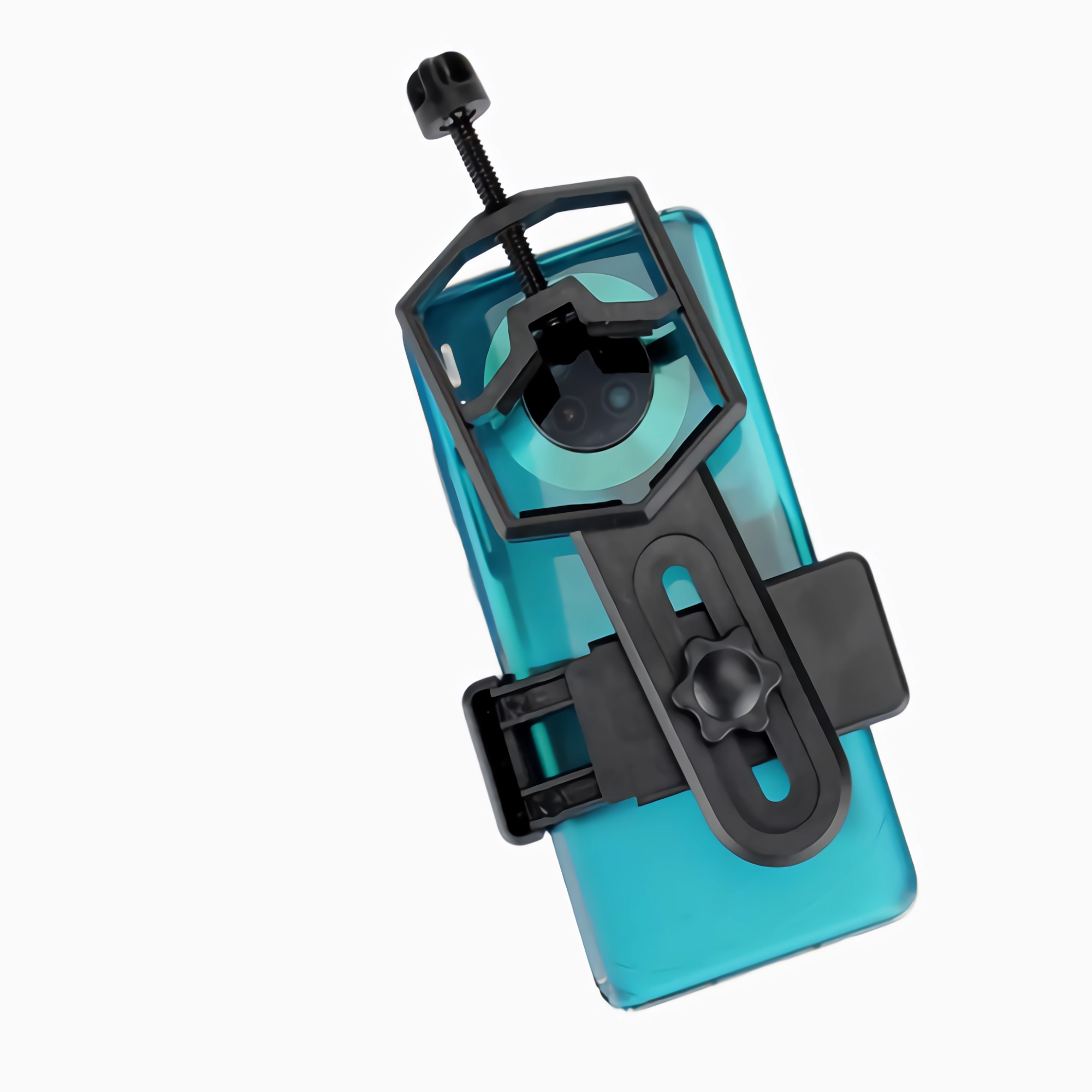 Ein Telefon und ein schwarzer Telefonhalter zum Anschluss an ein Teleskop.