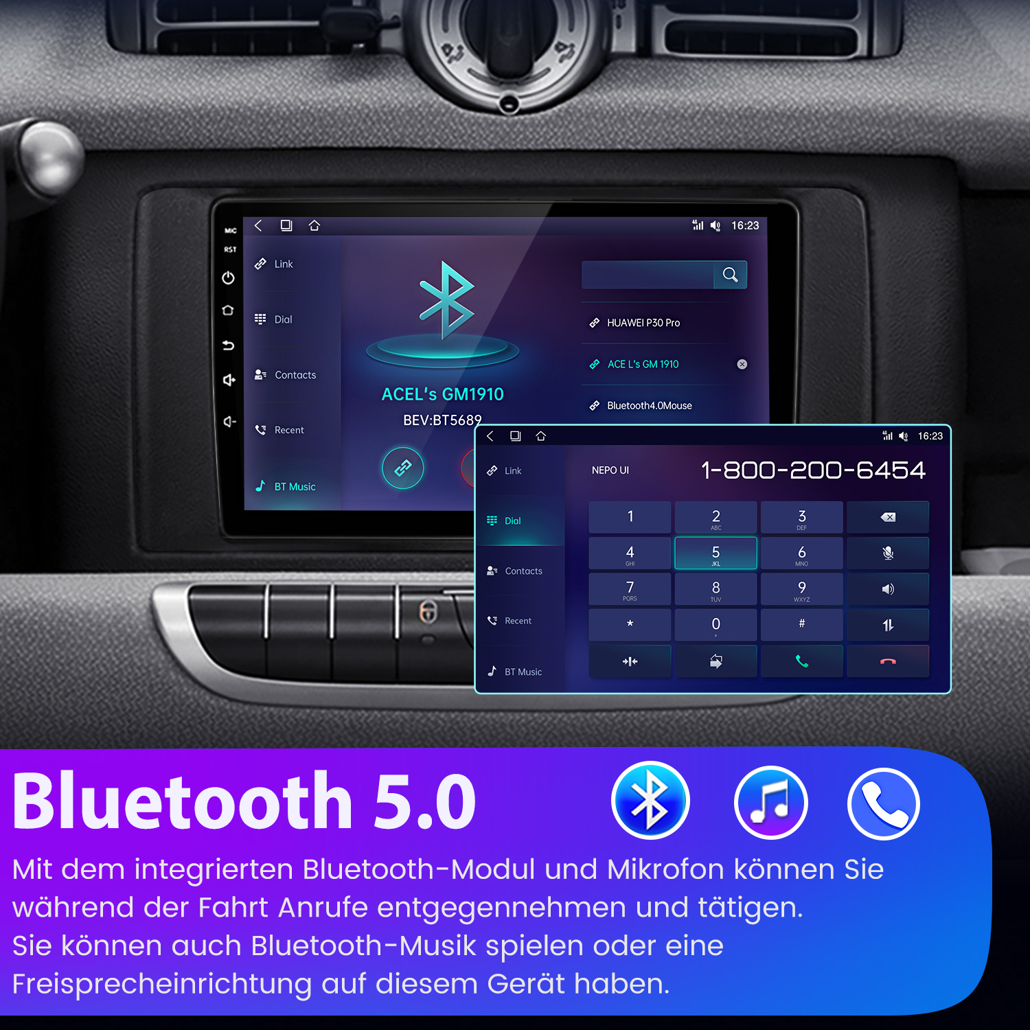 Ekran radia samochodowego pokazujący interfejs telefonu, Bluetooth i klawiaturę numeryczną. Tekst jest w języku angielskim i chińskim.