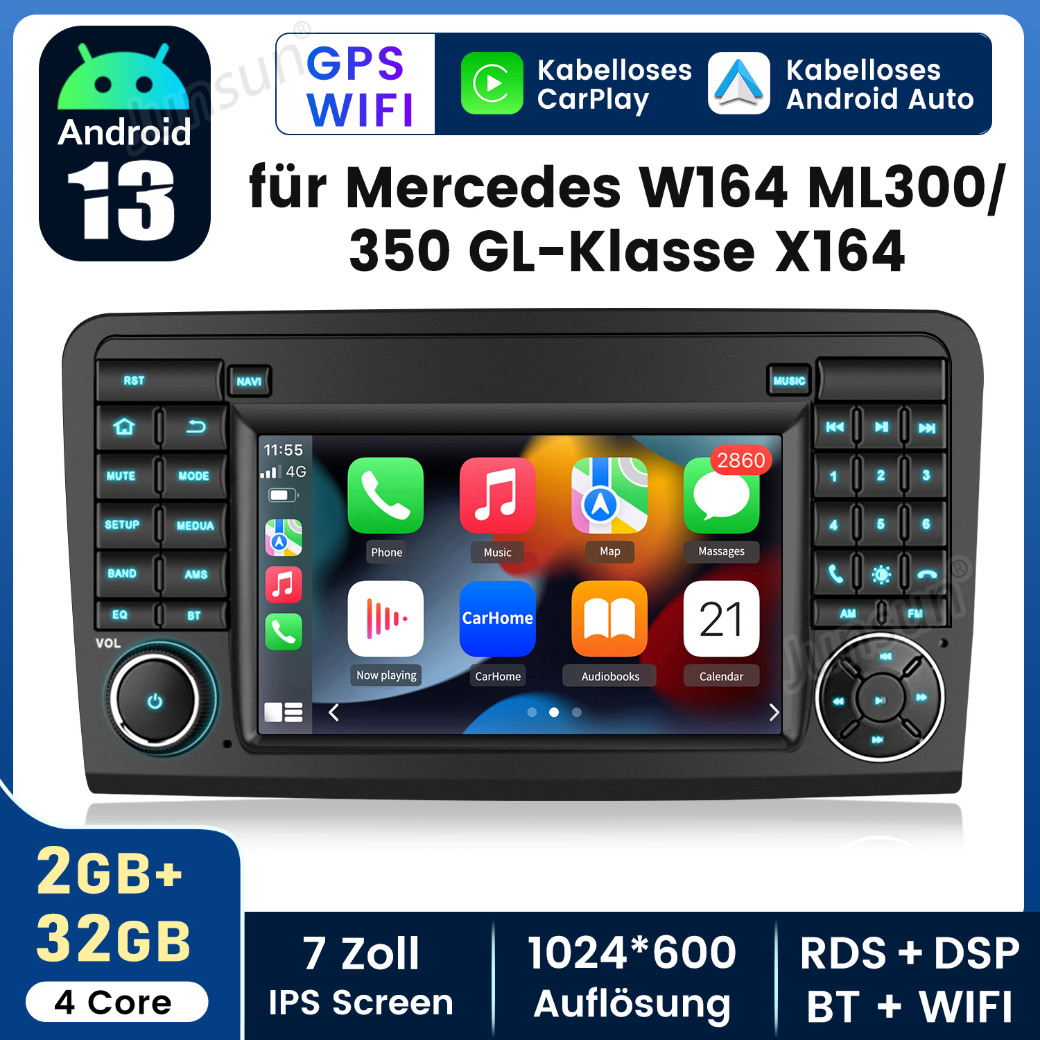 Radio samochodowe z ekranem dotykowym, przyciskami i wyświetlaczem. Tekst: 'für Mercedes W164 ML300/ 350 GL-Klasse X164'.