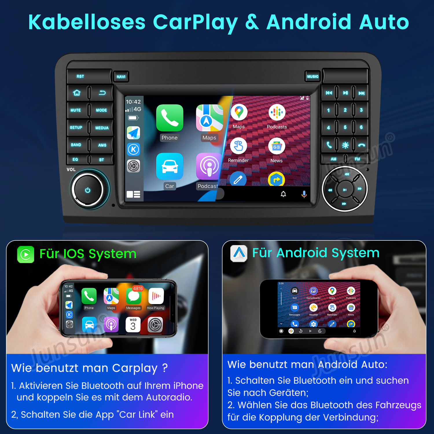 System audio w samochodzie z ekranem pokazującym nawigację, telefon i inne aplikacje. Zawiera instrukcje Carplay i Android Auto.