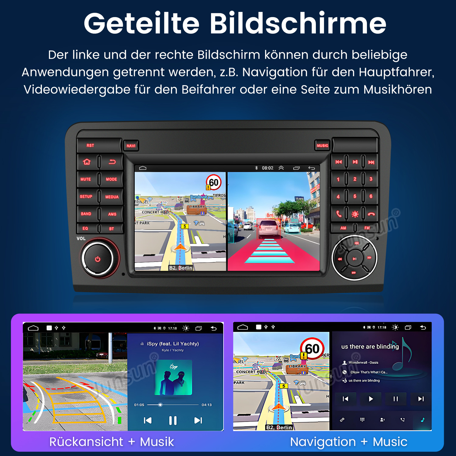Ein Autoradio-Bildschirm mit Navigations- und Musikoberflächen mit deutschem Text.