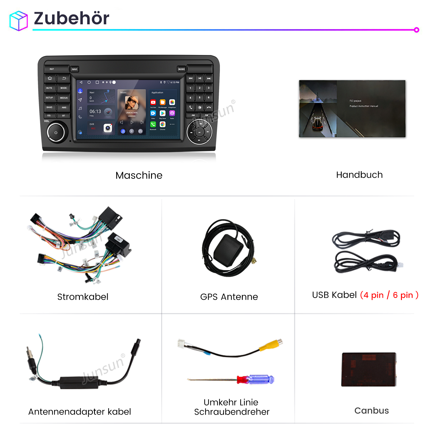 Ein Tisch mit Auto-Multimedia-System, Kabeln, GPS-Antenne und anderem Autozubehör.