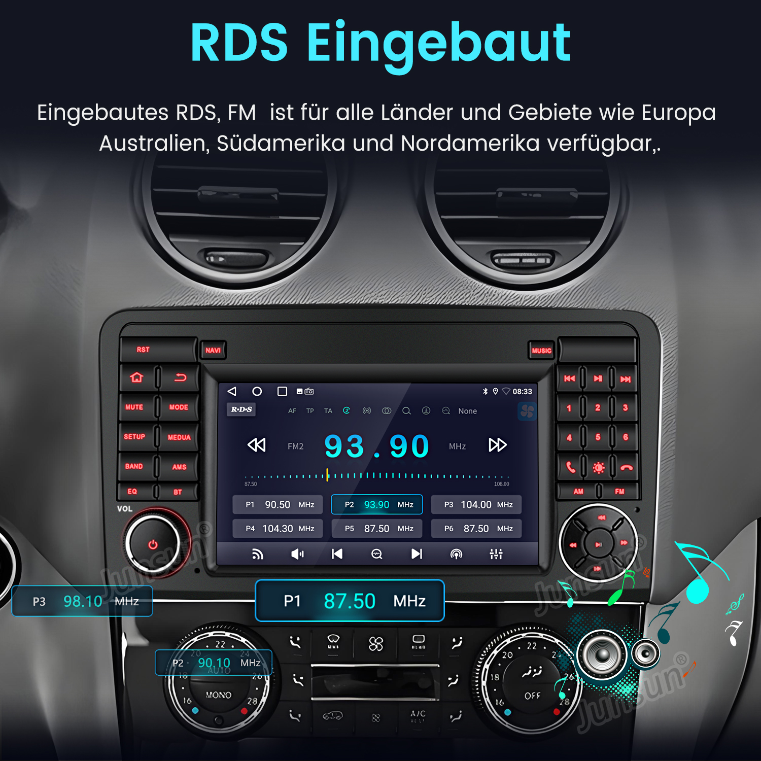 Radio samochodowe z ekranem. Tekst na ekranie i na górze obrazu. Pokazuje RDS Eingebaut.