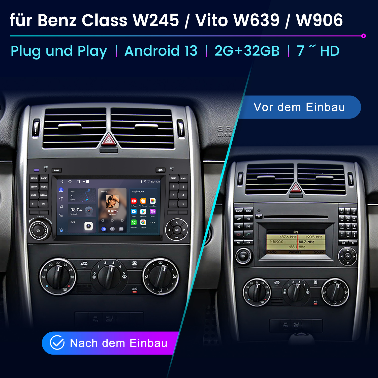 Auto-Dashboard-Upgrade mit Vorher- und Nachher-Installation, mit Musik auf dem Bildschirm.