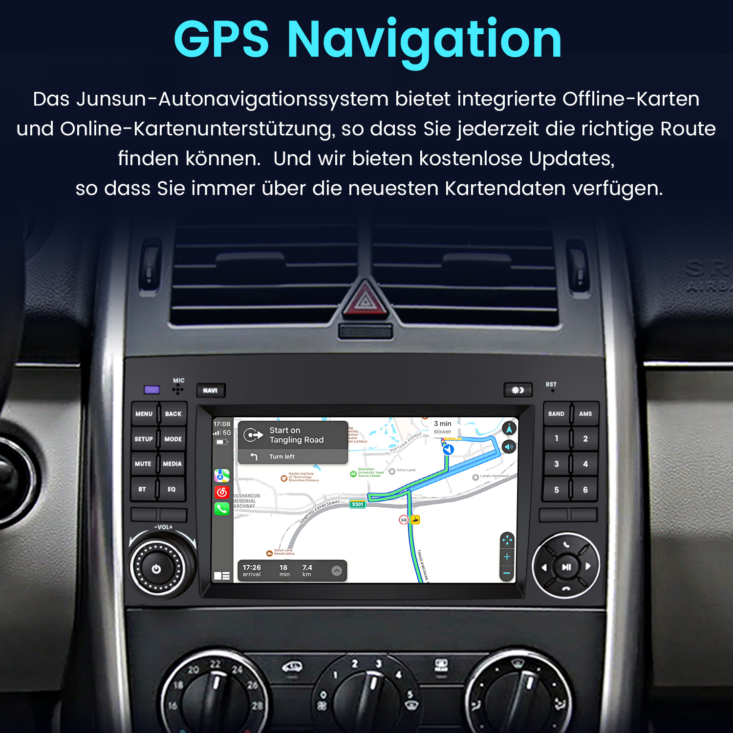 Deska rozdzielcza samochodu z nawigacją GPS, mapą i przyciskami.
