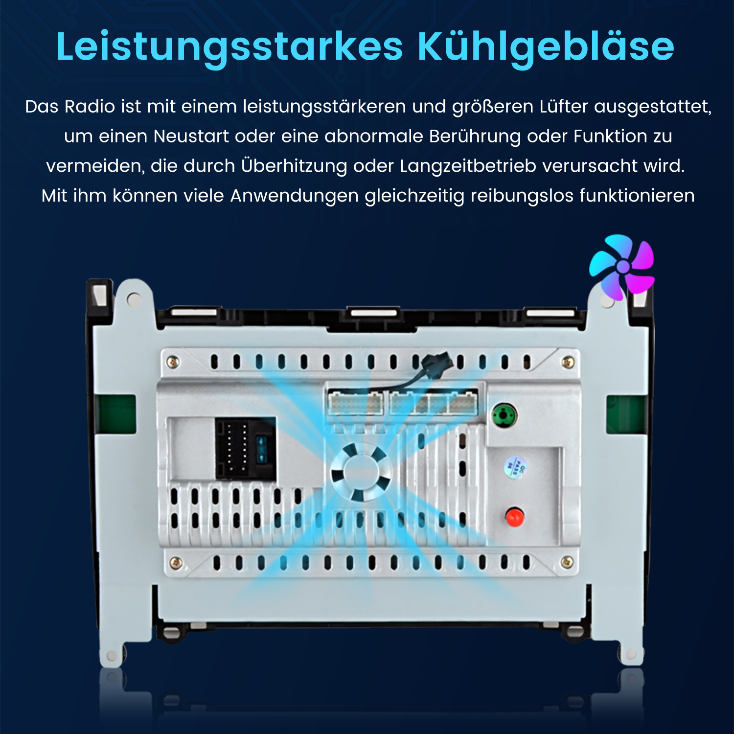 Komponent urządzenia elektronicznego z tekstem w języku niemieckim i ikoną wentylatora.
