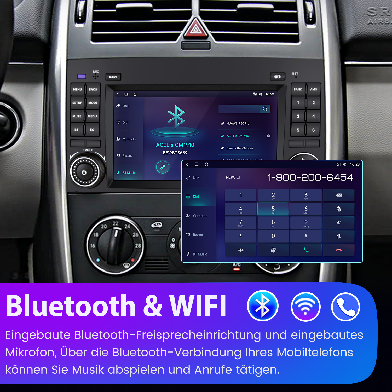 Ekran multimedialny samochodu z opcjami Bluetooth i WiFi. Wyświetlany jest interfejs połączeń.