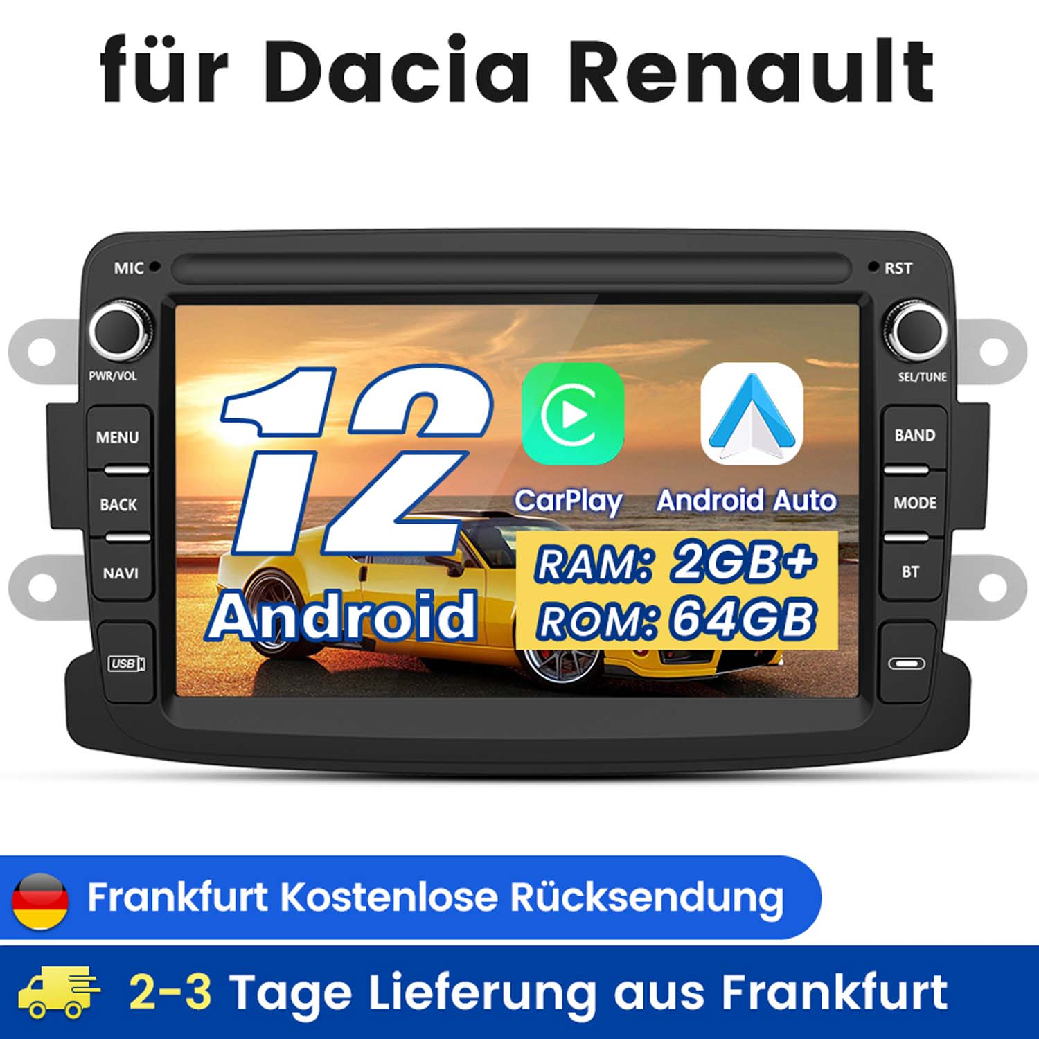 System multimedialny do samochodu z interfejsem Android, pokazujący samochód i ikony aplikacji.