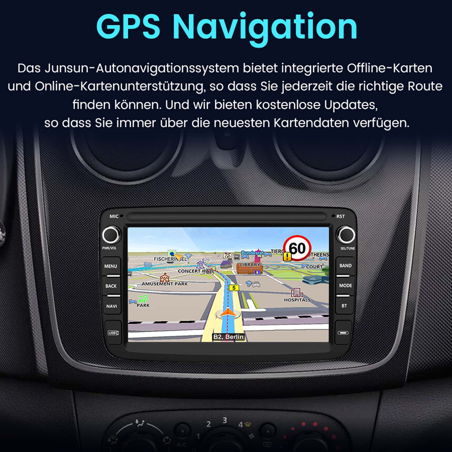 Deska rozdzielcza z ekranem nawigacji GPS pokazującym mapę z drogami i budynkami.