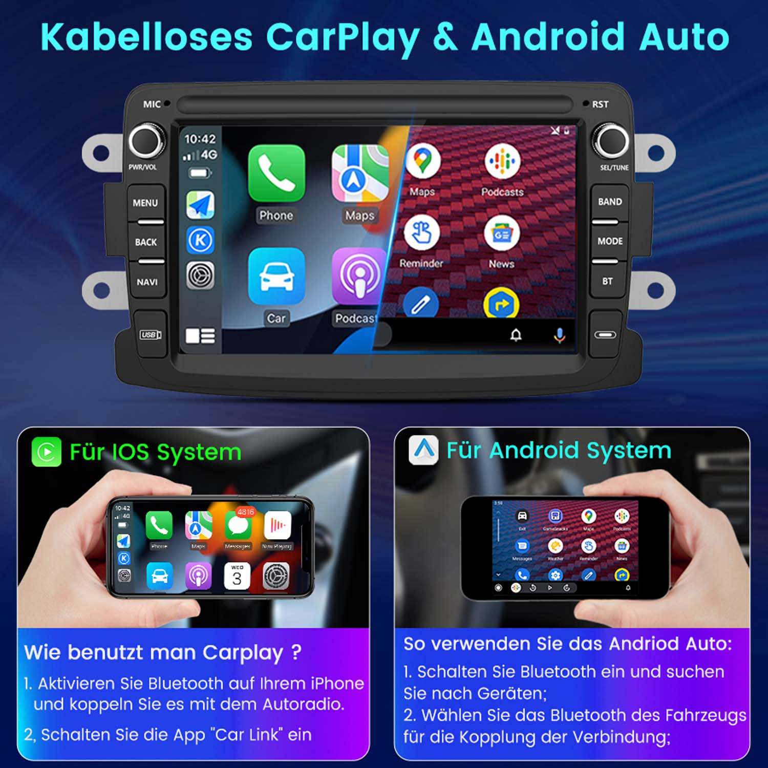 System multimedialny do samochodu z wyświetlaczem pokazującym interfejsy CarPlay i Android Auto.