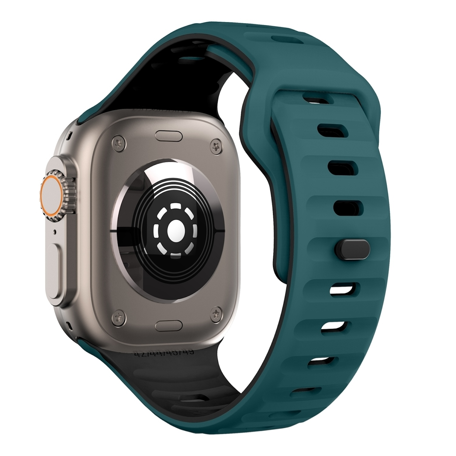 Eine silberne und tealfarbene Smartwatch mit tealfarbenem Armband, von hinten gesehen.