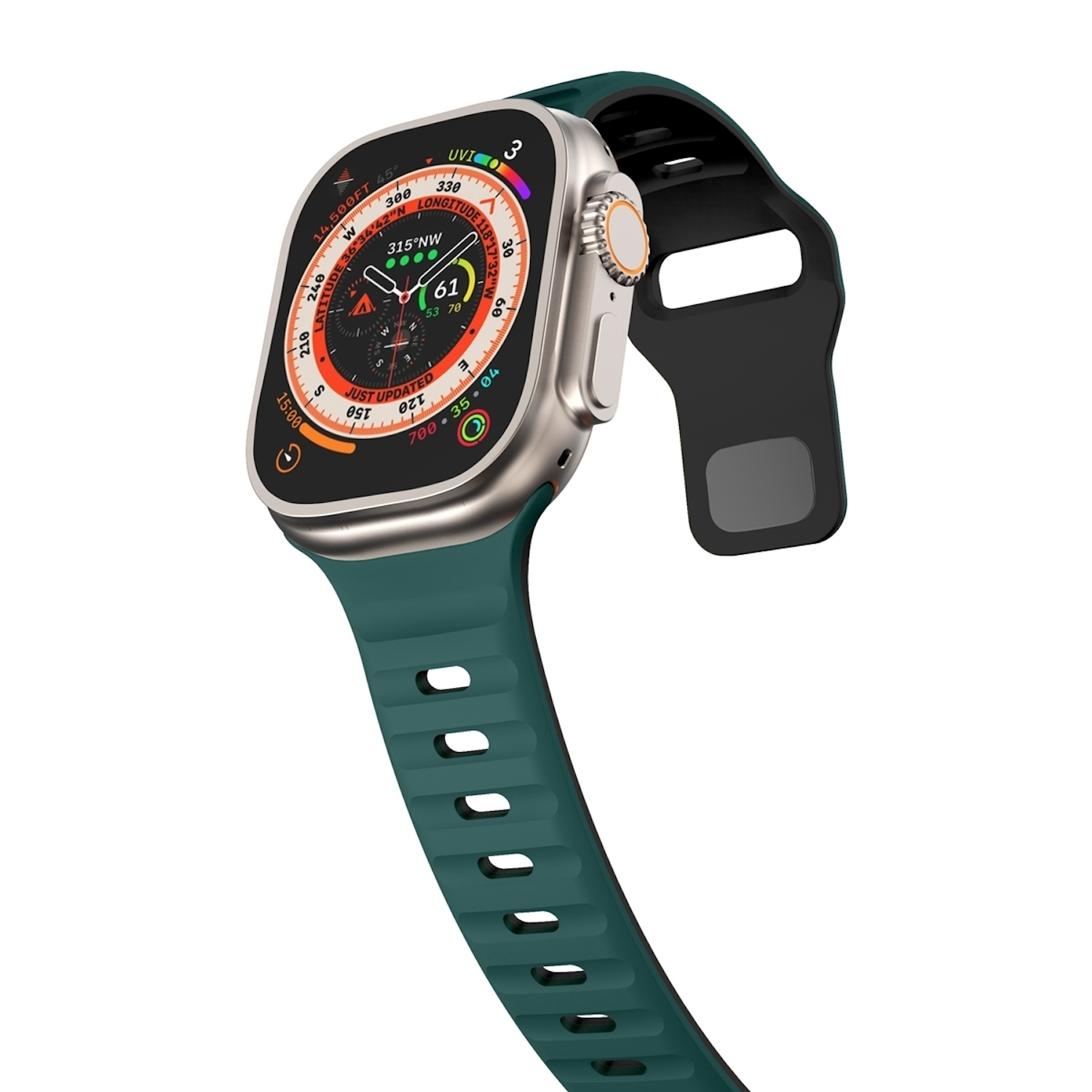 Silberne Smartwatch mit grünem Armband.