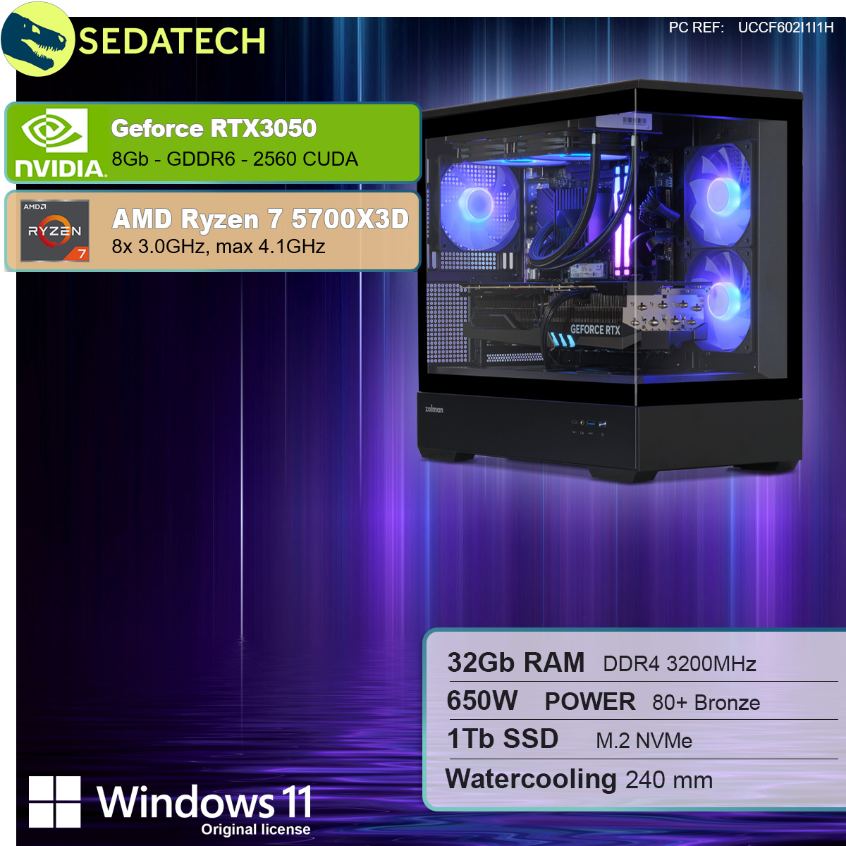 Ein schwarzes Computergehäuse mit beleuchteten Komponenten im Inneren, einem Windows 11-Logo und Hardware-Details links.