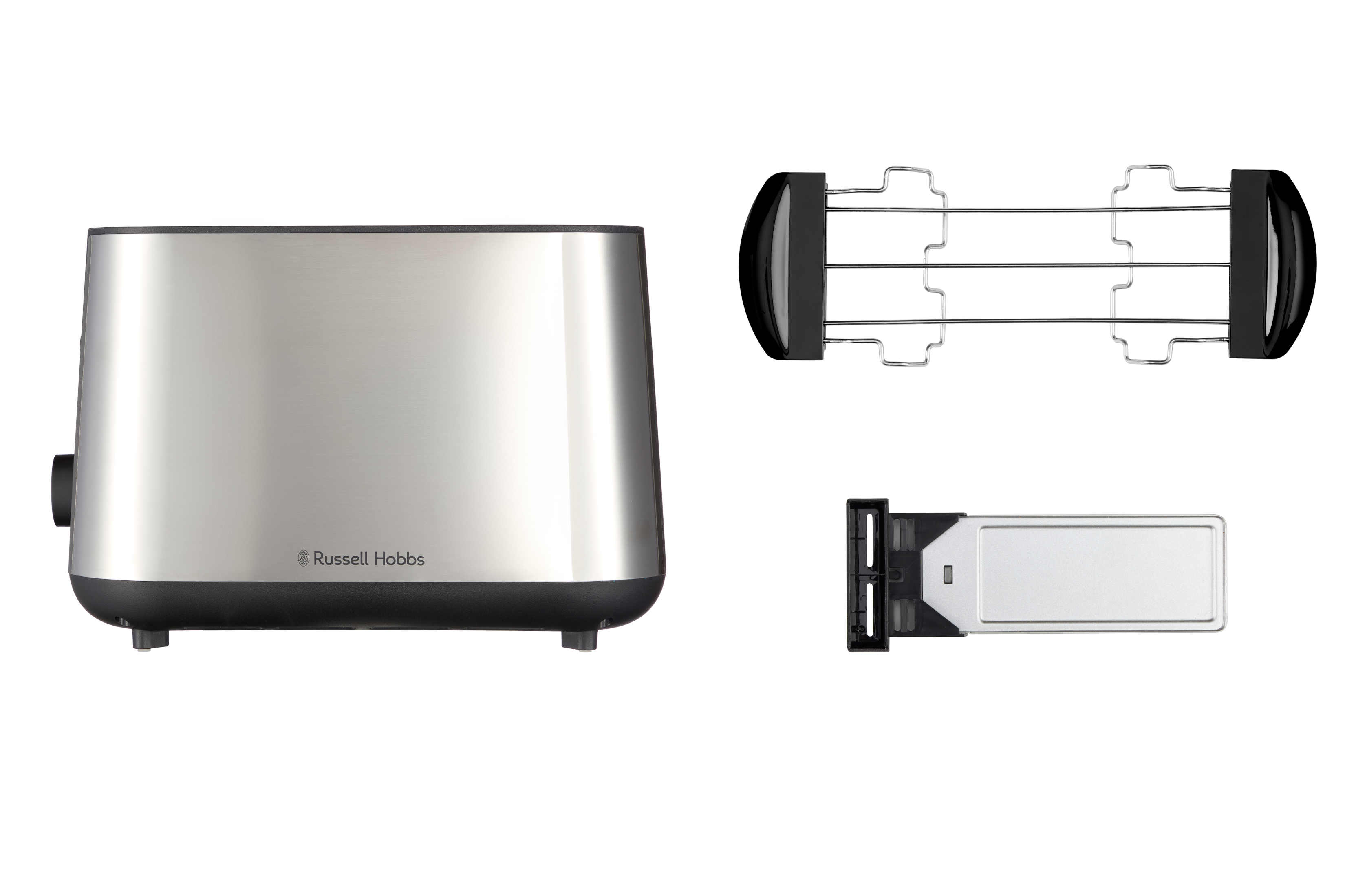 Srebrno-czarny toster, ruszt i tacka na okruchy.