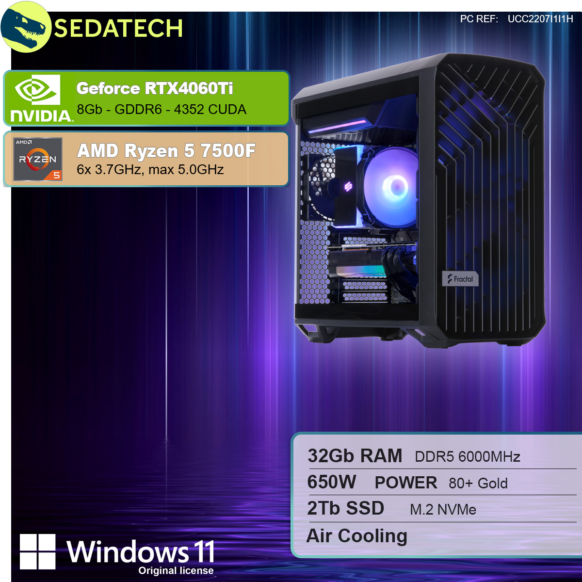 Ein PC-Gehäuse mit Komponenten auf schwarzem Hintergrund, mit Textbeschreibung der Komponenten.