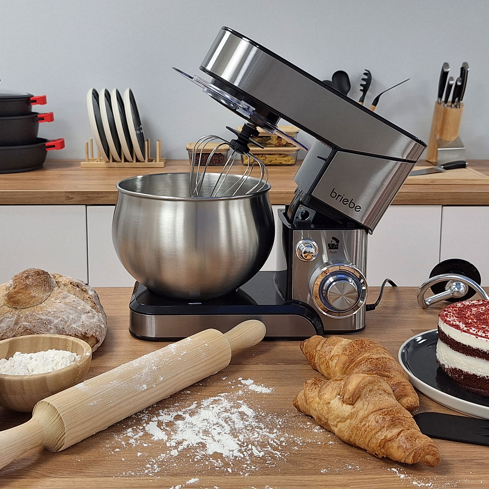 briebe Knetmaschine Küchenmaschine Professionelle 1800W MAX, Orbitalbewegung, Schneebesen, Knethaken, Rührblatt, 5-Liter-Schüssel, 6 Geschwindigkeiten Impulsfunktion, Edelstahl KM1114