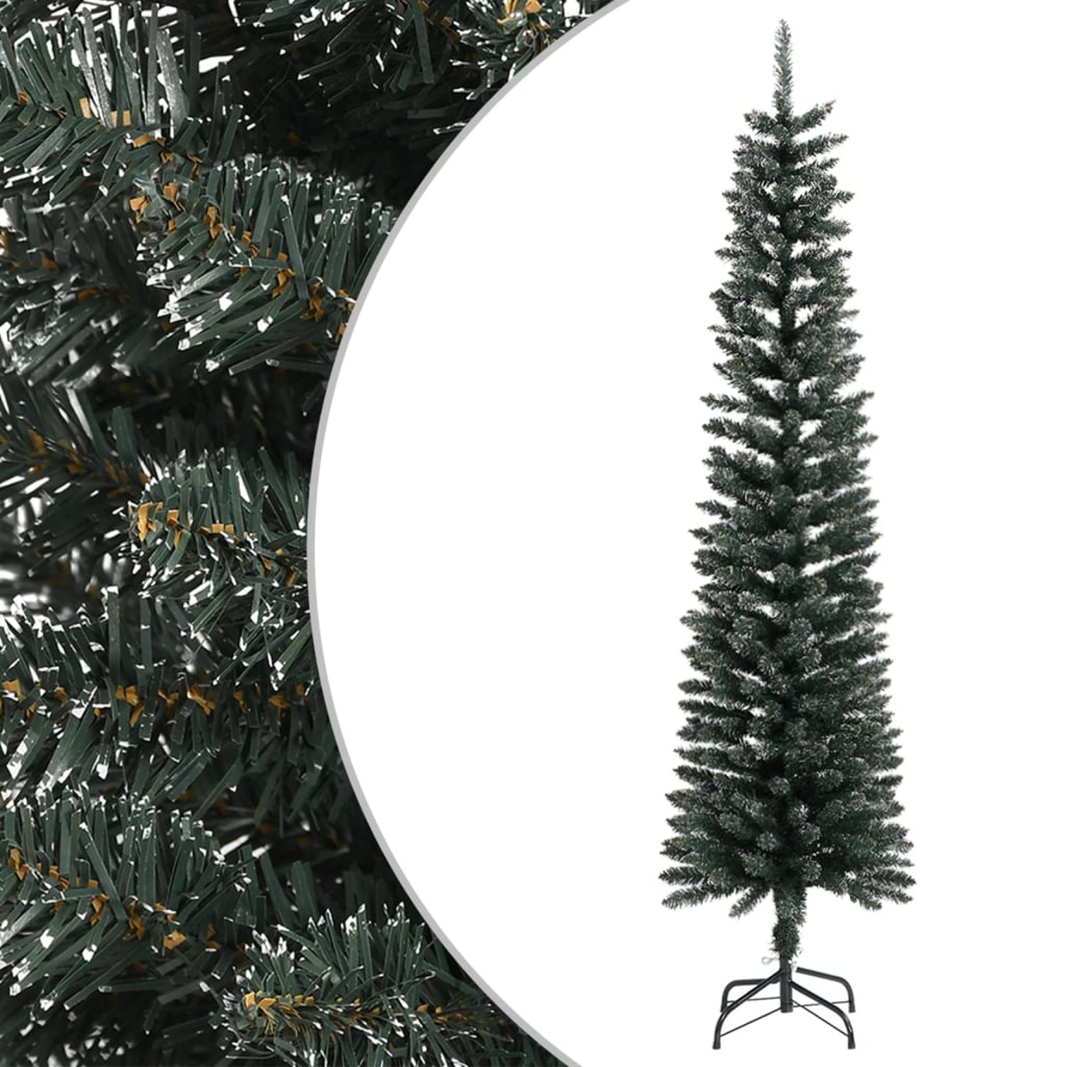 Nahaufnahme eines grünen künstlichen Weihnachtsbaums. Weißer Hintergrund. Schlankes Design.