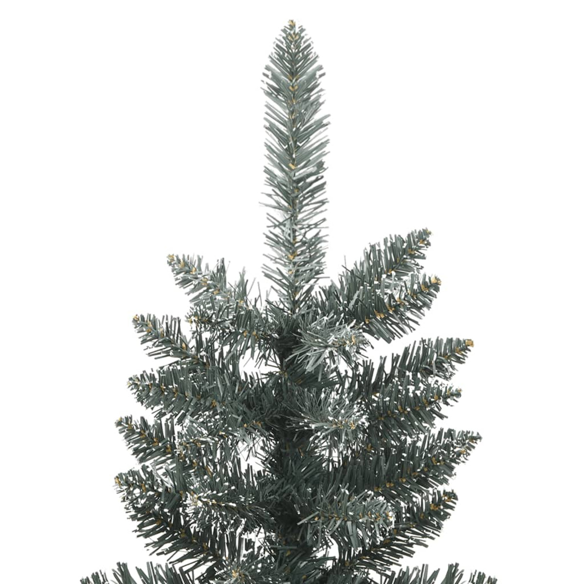 Oberteil eines blau-grünen Weihnachtsbaums vor weißem Hintergrund.