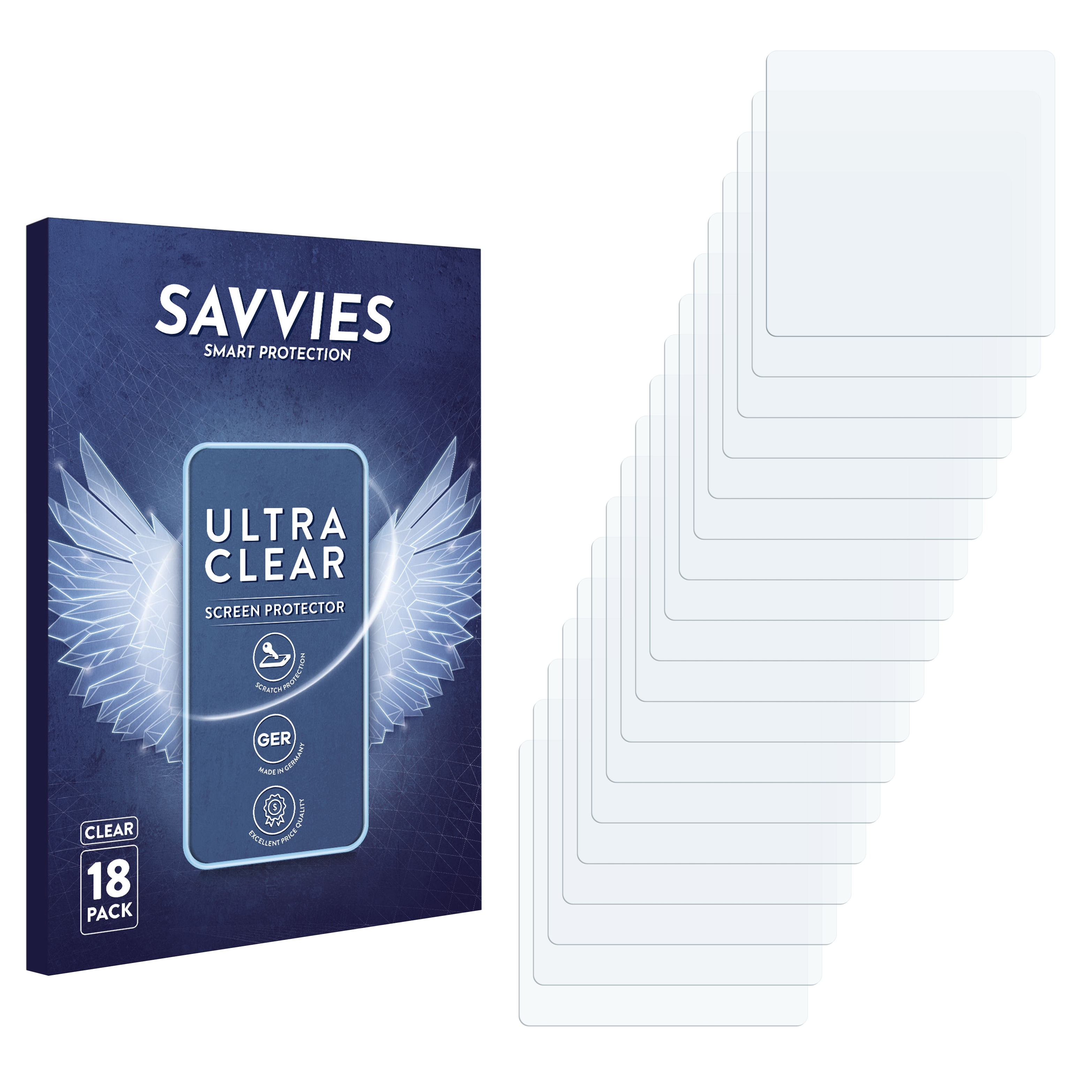 Blau-weiße Bildschirmschutzverpackung mit 18 transparenten Schutzfolien. Die Marke ist Savvies.