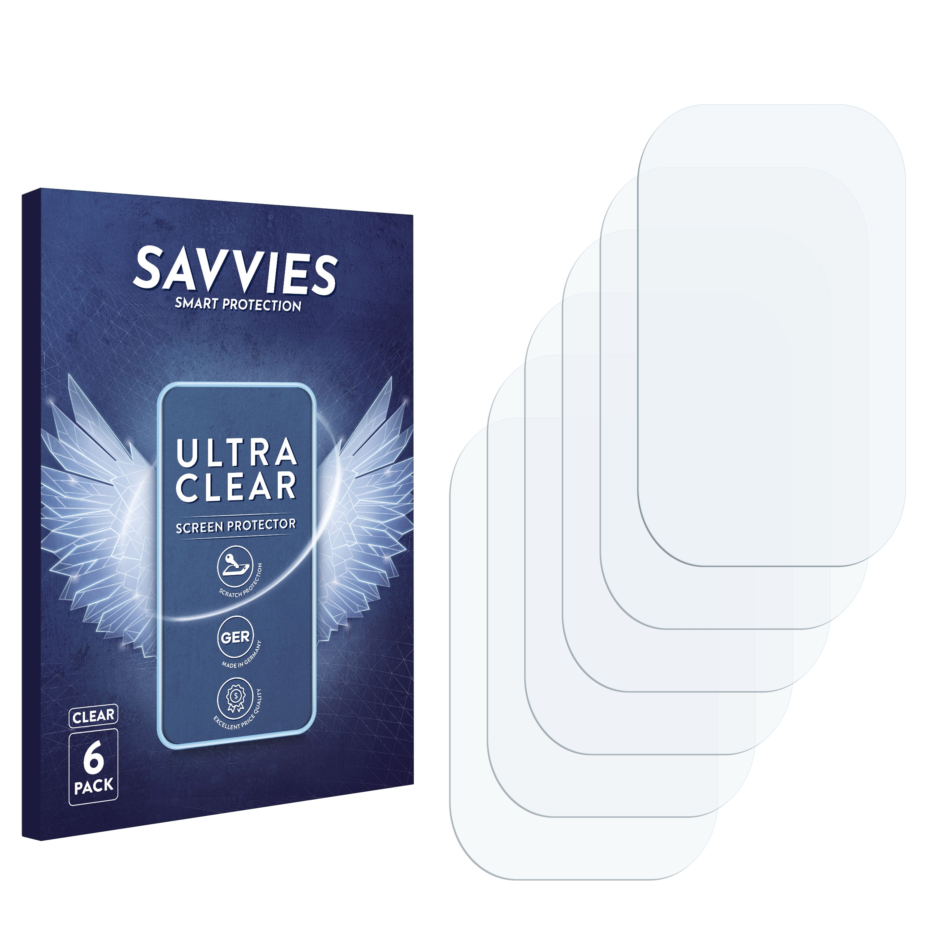 Eine Displayschutzfolienverpackung und fünf klare Schutzfolien auf weißem Hintergrund.
