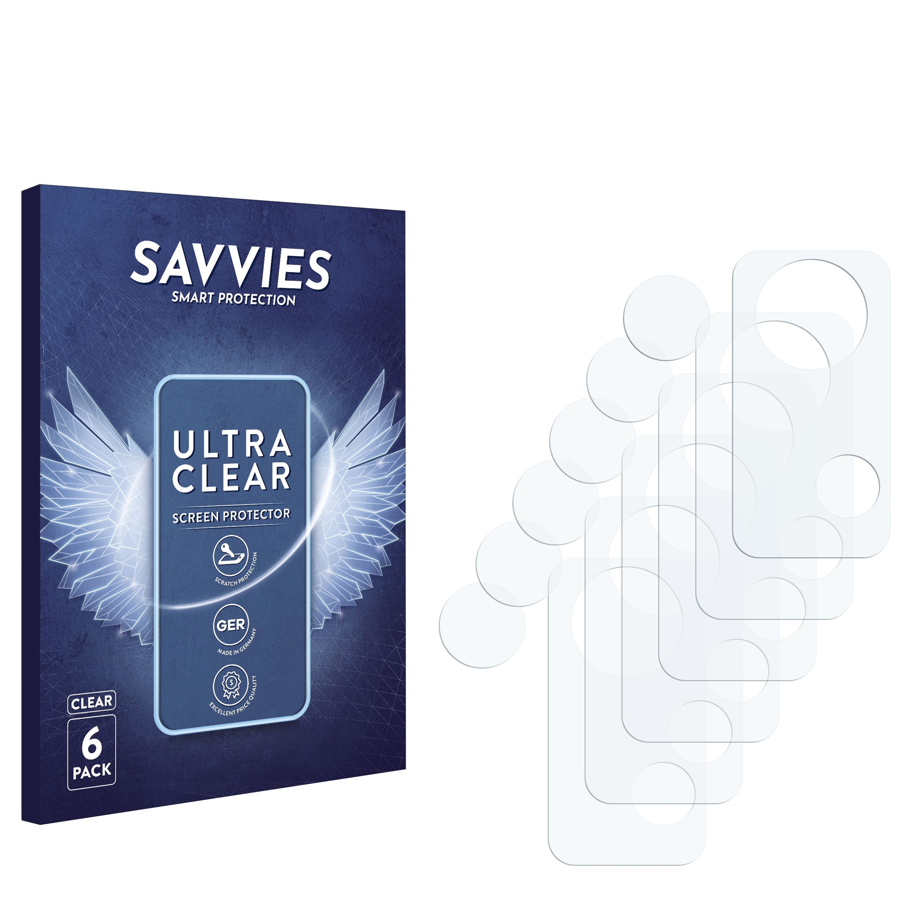 Box mit Displayschutzfolien und einzelne Schutzfolien. Die Box sagt SAVVIES ULTRA CLEAR. Sechs klare Schutzfolien.