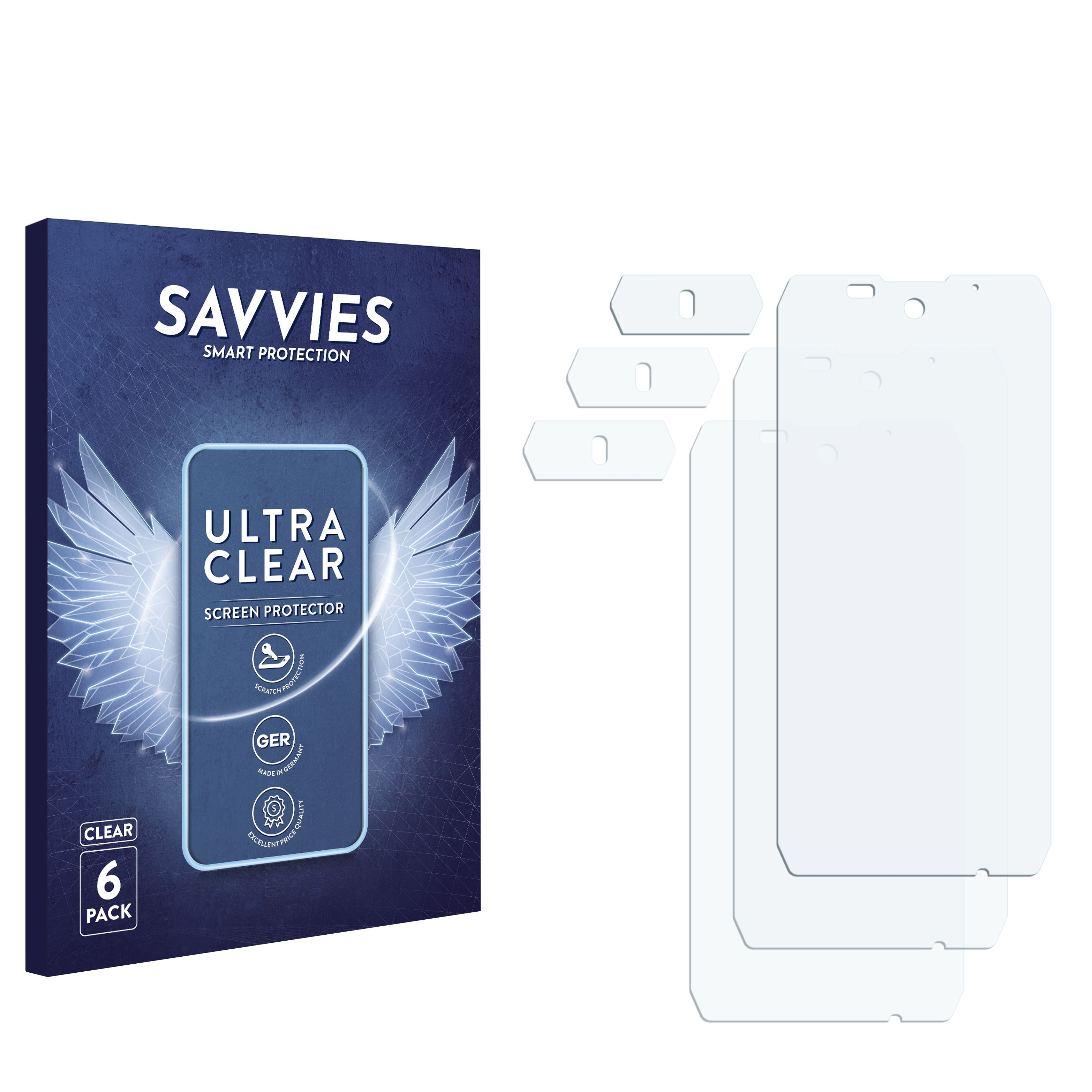 Dunkelblaue Box mit Displayschutzfolienpackung und mehreren klaren Displayschutzfolien.