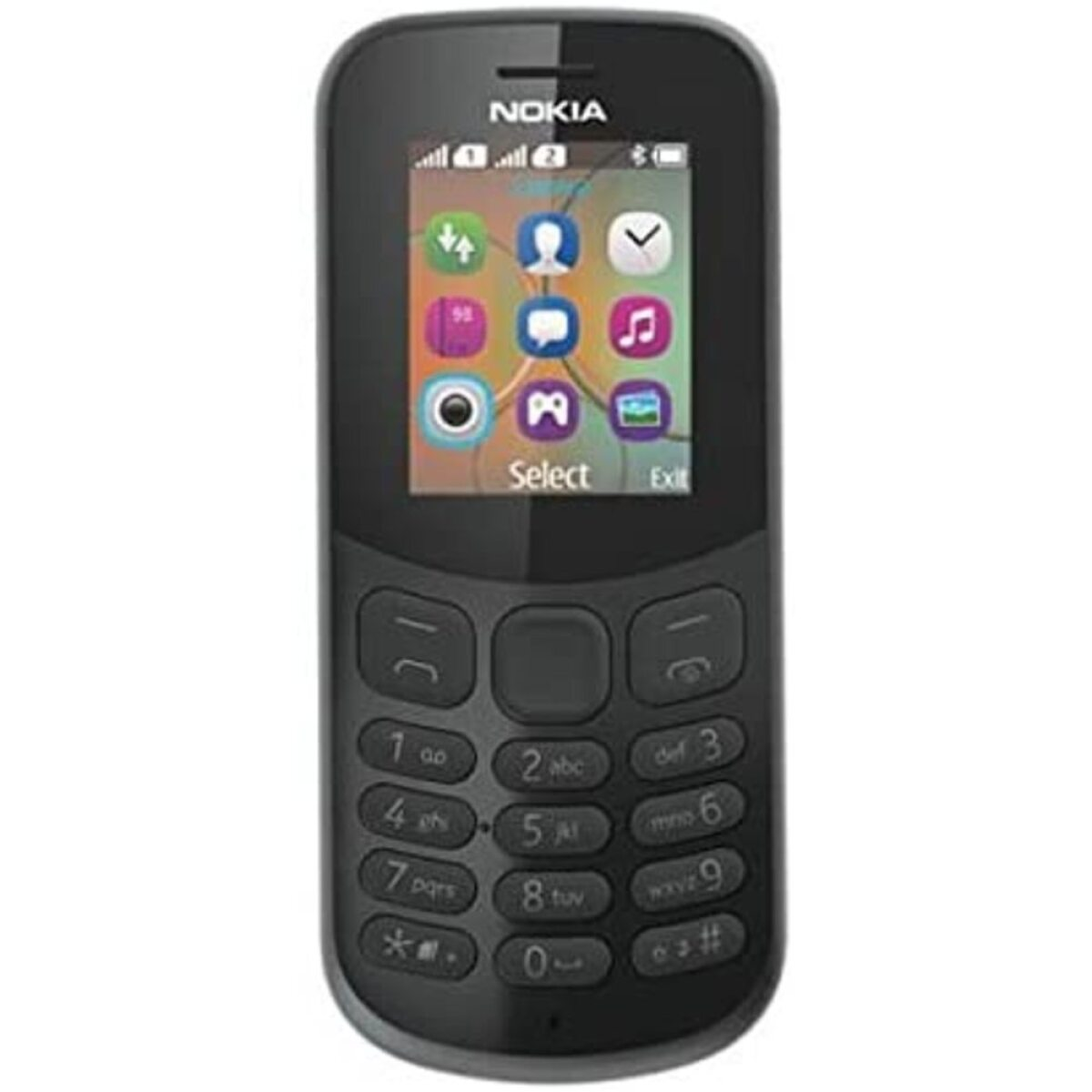 Czarny telefon Nokia z klawiszami numerycznymi i aplikacjami.