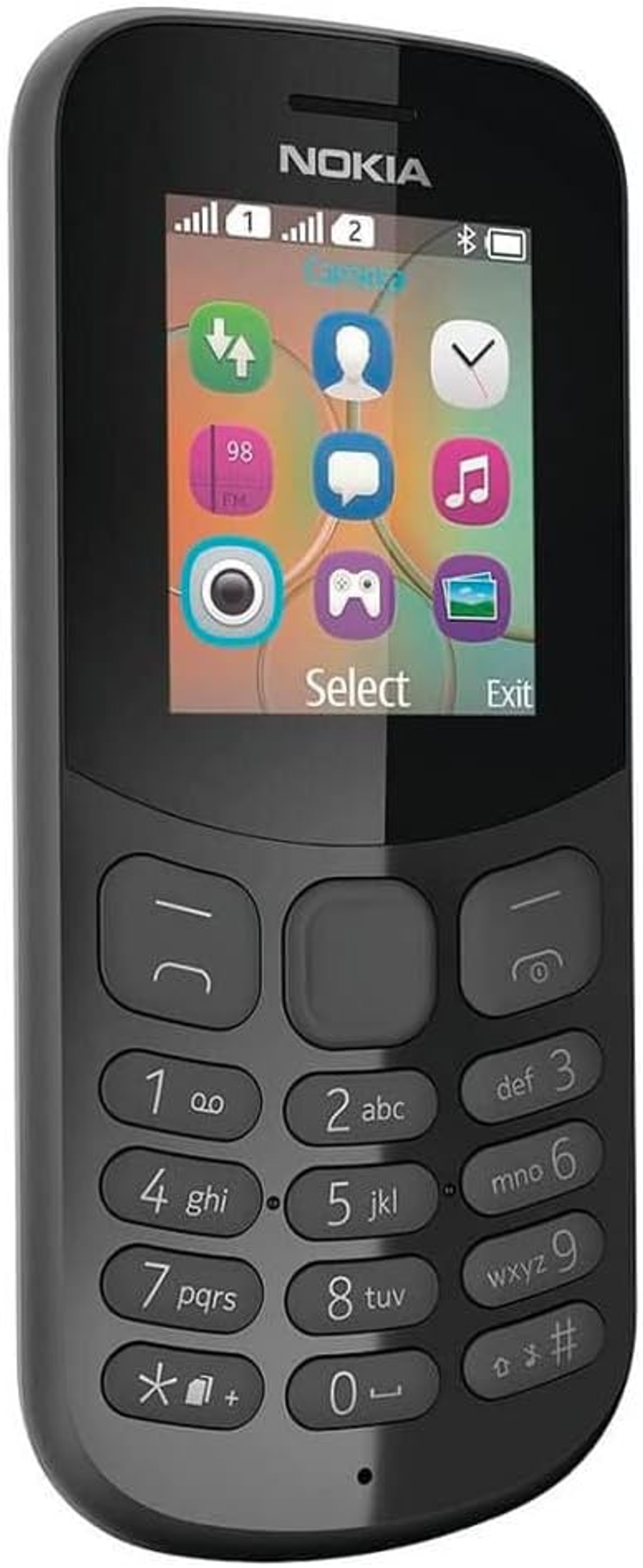 Czarny telefon Nokia z klawiaturą numeryczną i ekranem z kolorowymi ikonami. Telefon jest pod kątem.