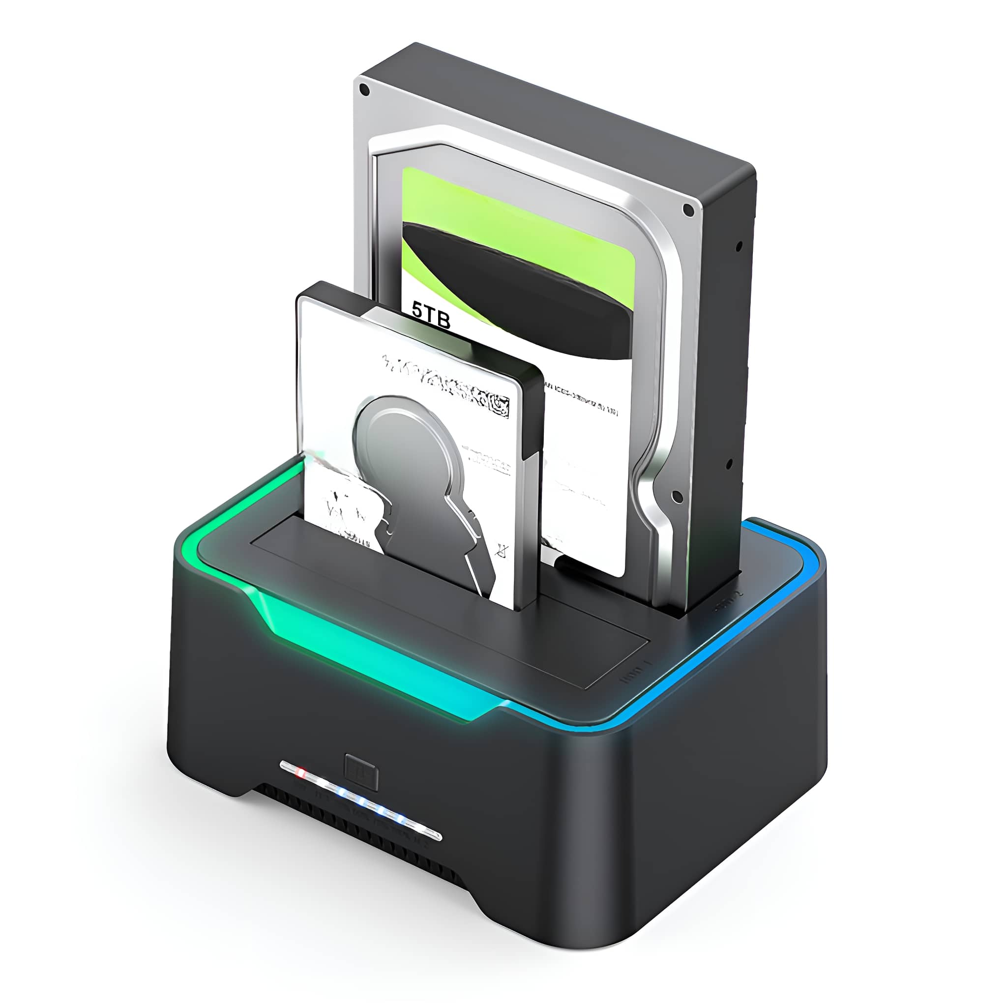 Festplatten-Dockingstation mit zwei eingesetzten Festplatten, eine 5TB. Schwarz und blaue Lichter.
