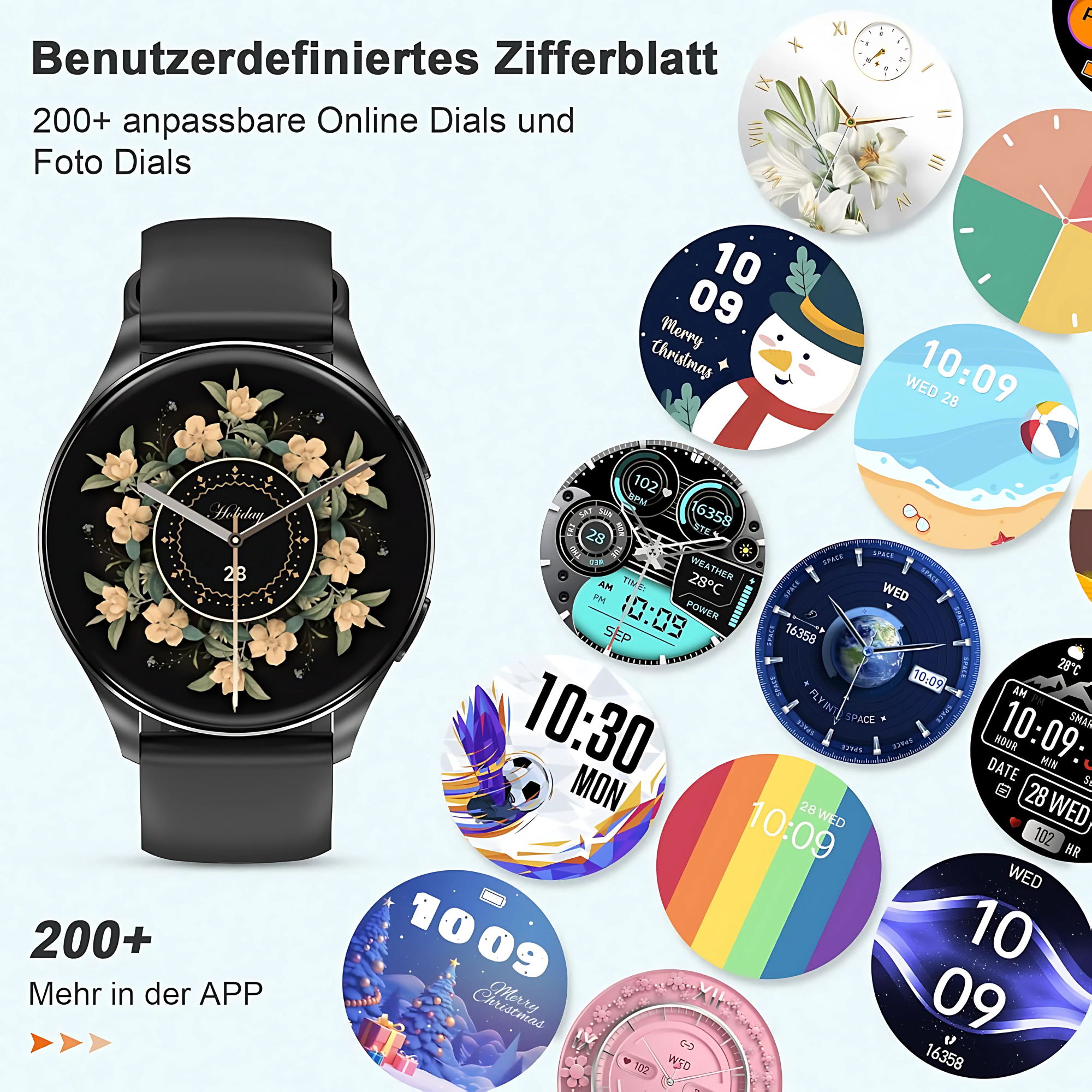 Smartwatch z wieloma tarczami, niektóre z motywami kwiatów i świątecznymi. Zdefiniowane przez użytkownika.