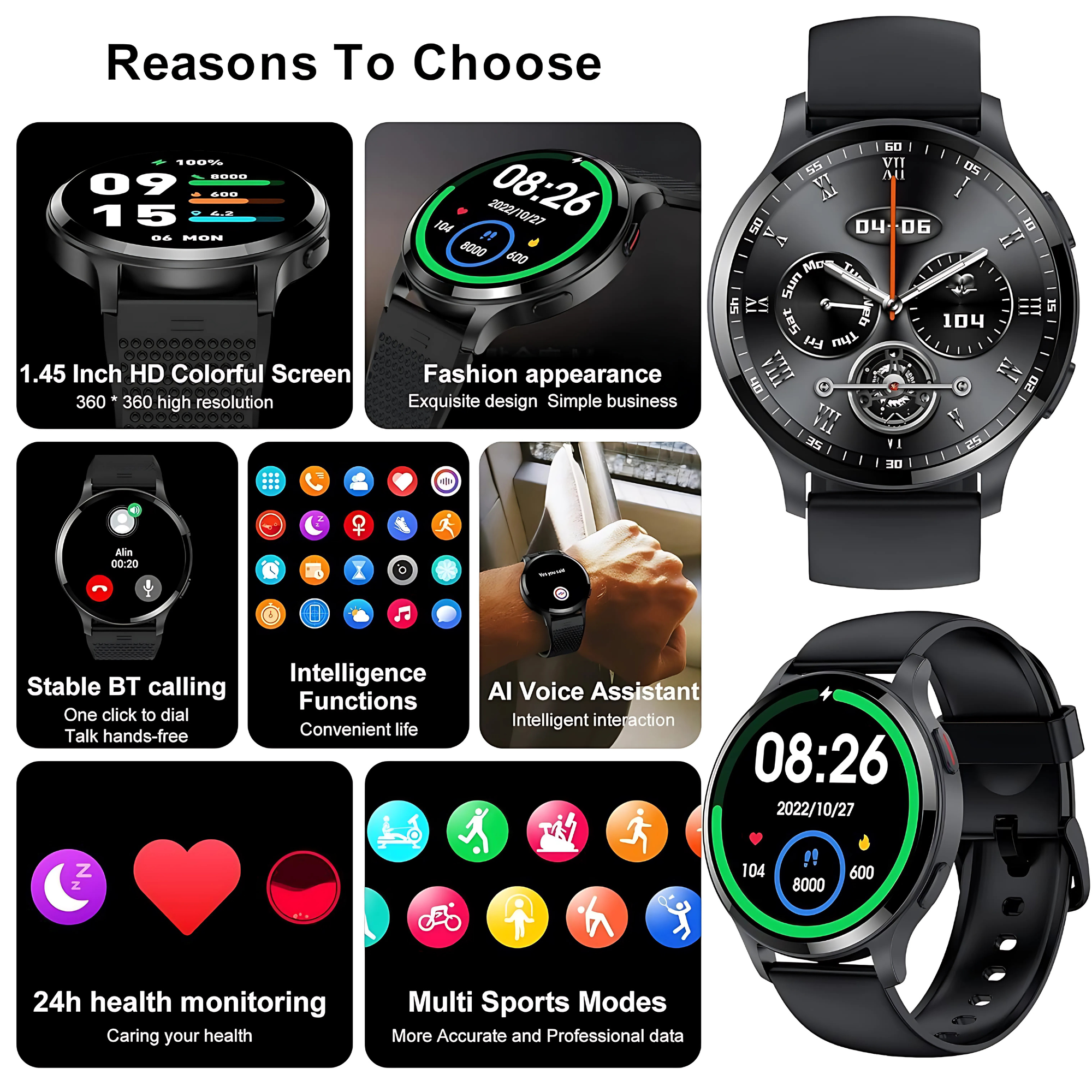 Obraz przedstawia smartwatch z wieloma ekranami prezentującymi jego funkcje.