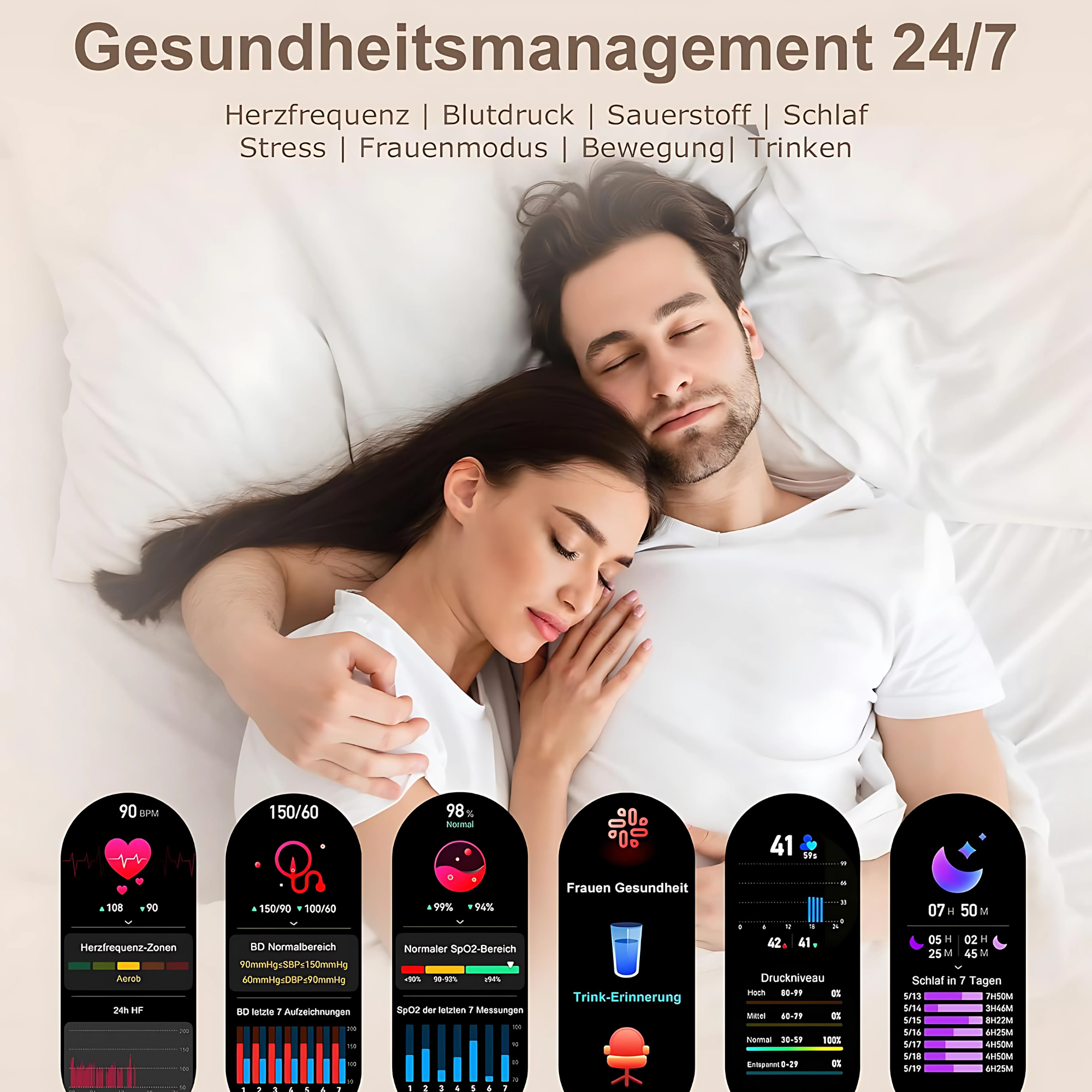 Para śpiąca w łóżku, z danymi monitoringu zdrowia na otaczających ekranach.