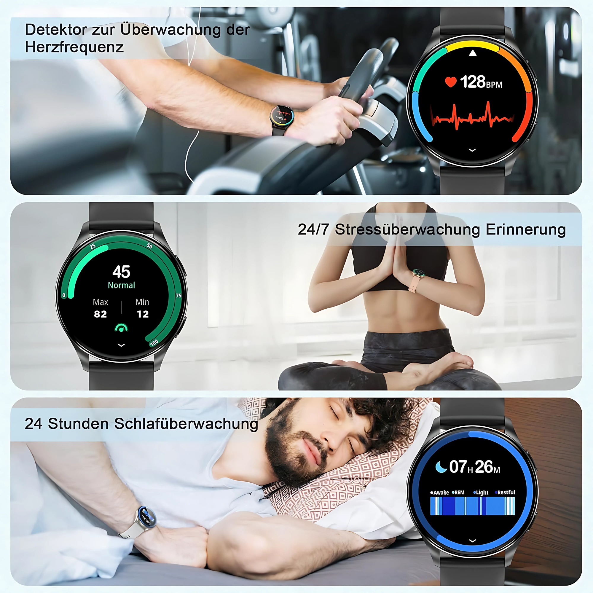 Smartwatch z wyświetlanymi danymi. Pokazuje tętno, stres i dane dotyczące snu. Trzy różne wyświetlacze.