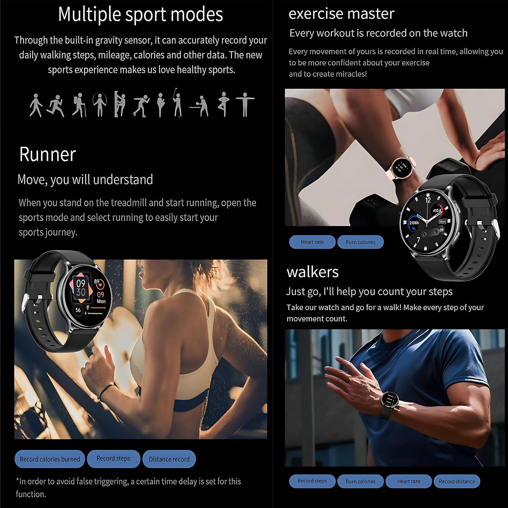 Zdjęcia przedstawiają smartwatche i infografiki dotyczące trybów sportowych, ćwiczeń i śledzenia zdrowia, z czarnym tłem.