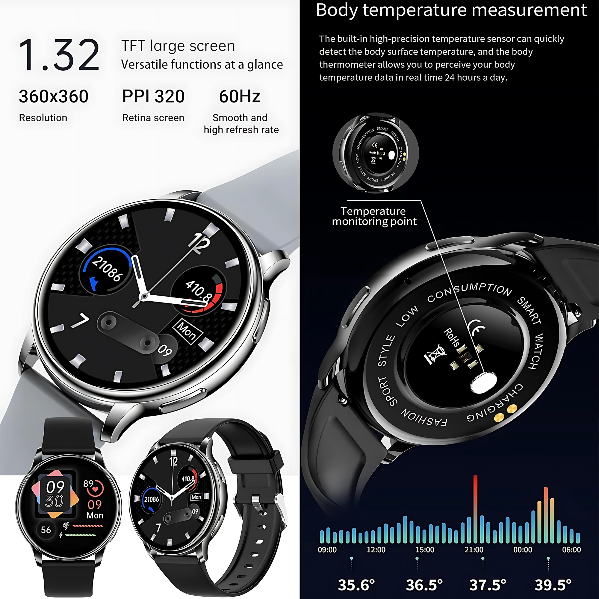 Smartwatch z czarnym ekranem pokazującym dane, z innymi zegarkami.